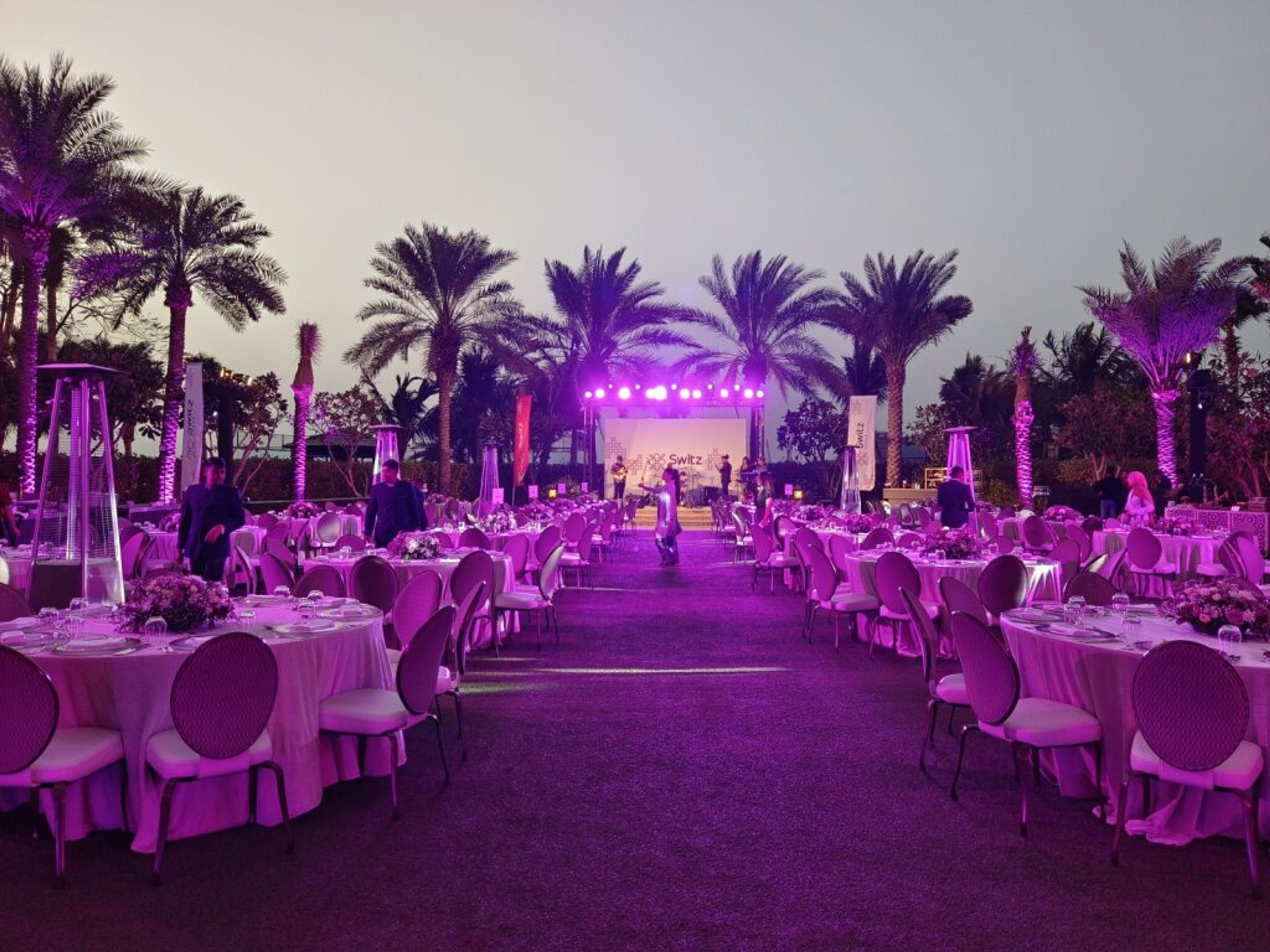Outdoor gala dinner with purple lighting and palm trees at night