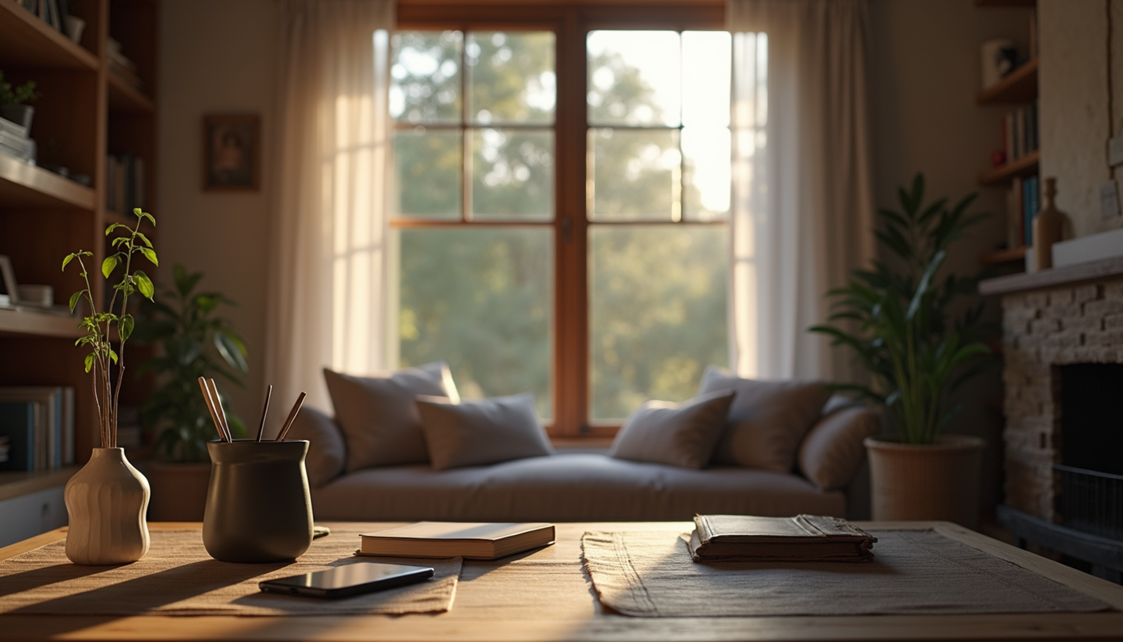 Eye-level view of a cozy remote workspace