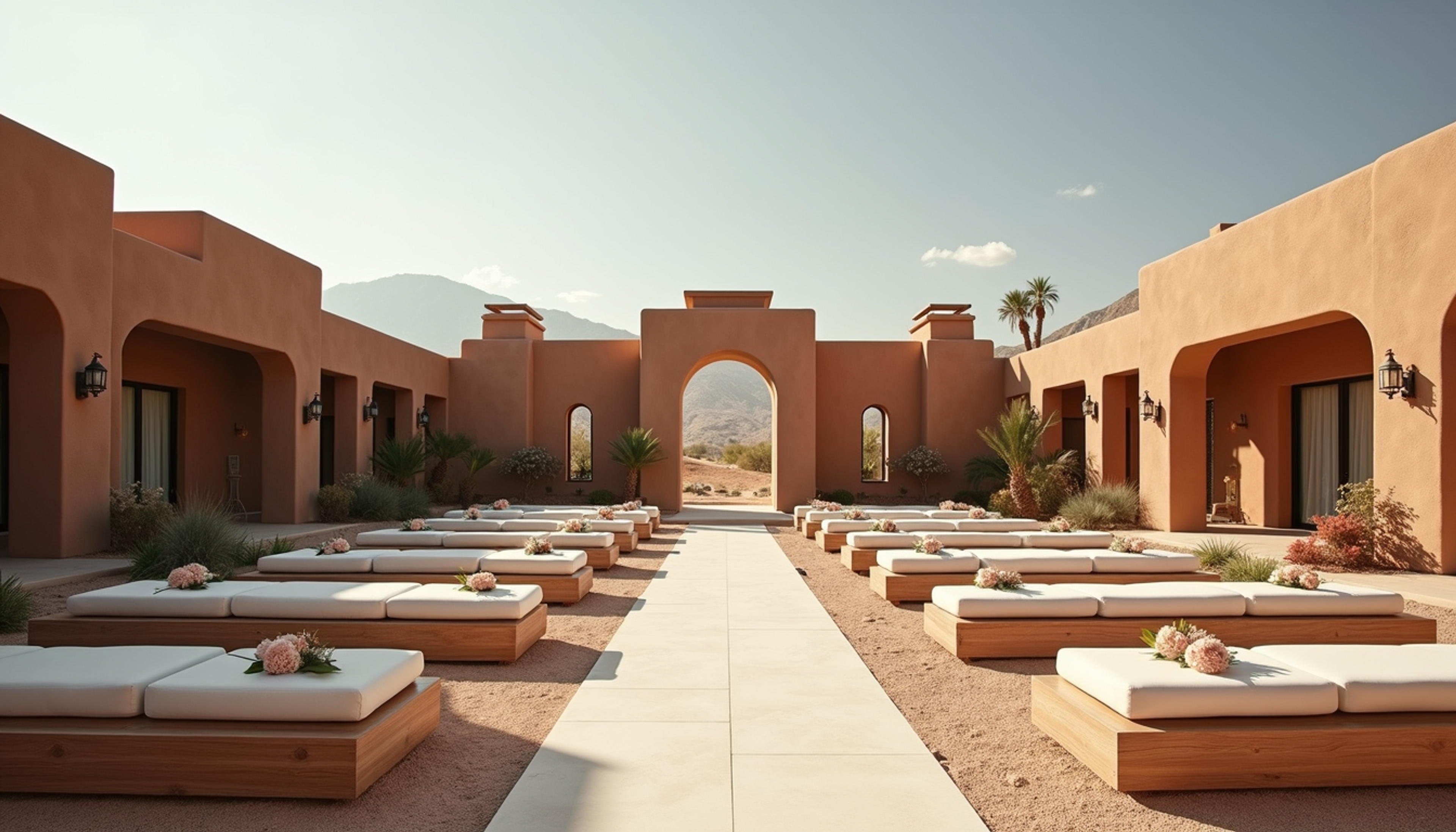 Wide angle view of a luxury outdoor wedding setup in a desert resort