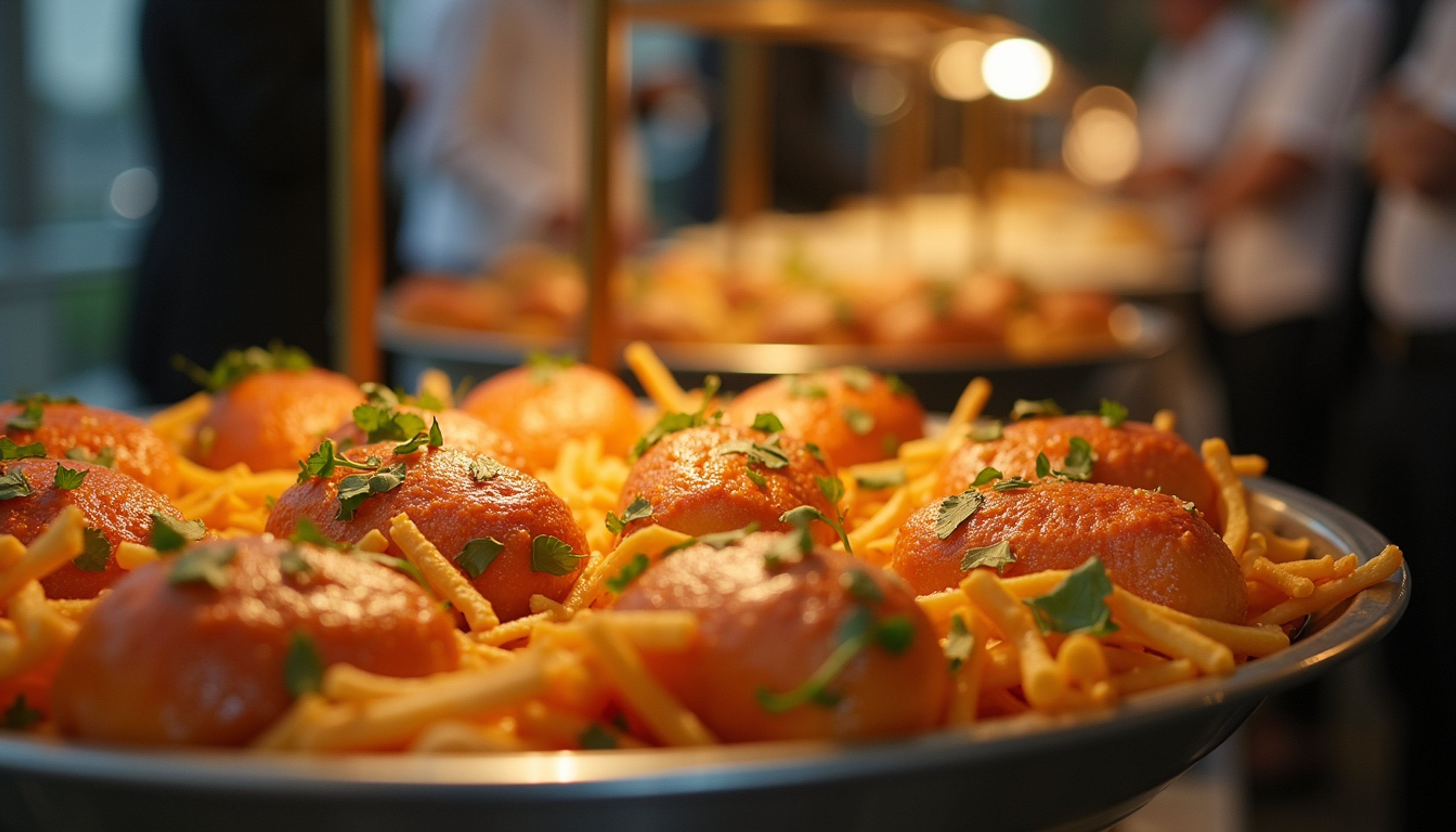 Close-up view of an exquisite buffet setup for a corporate gathering