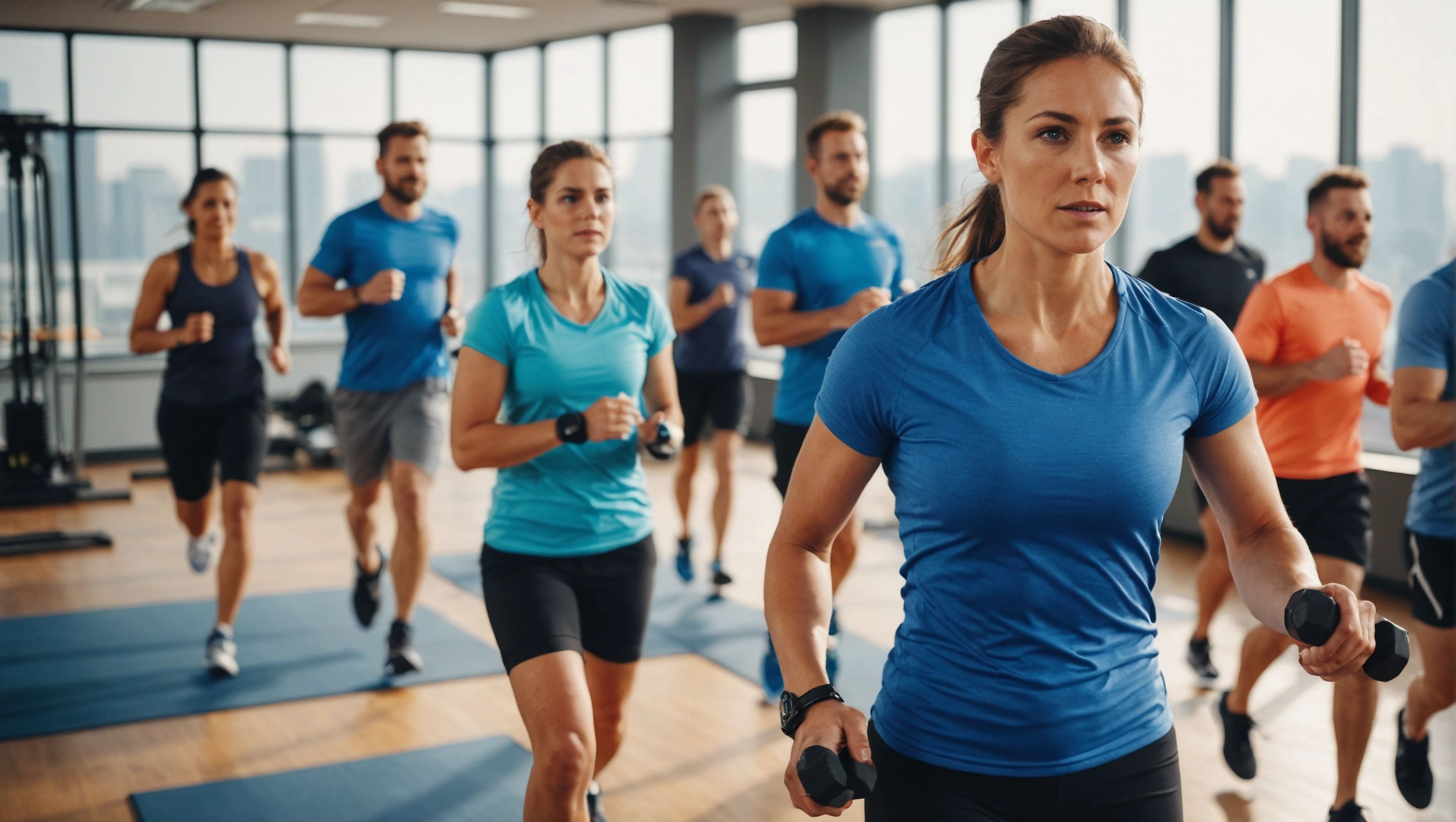 Employees participating in a team fitness challenge