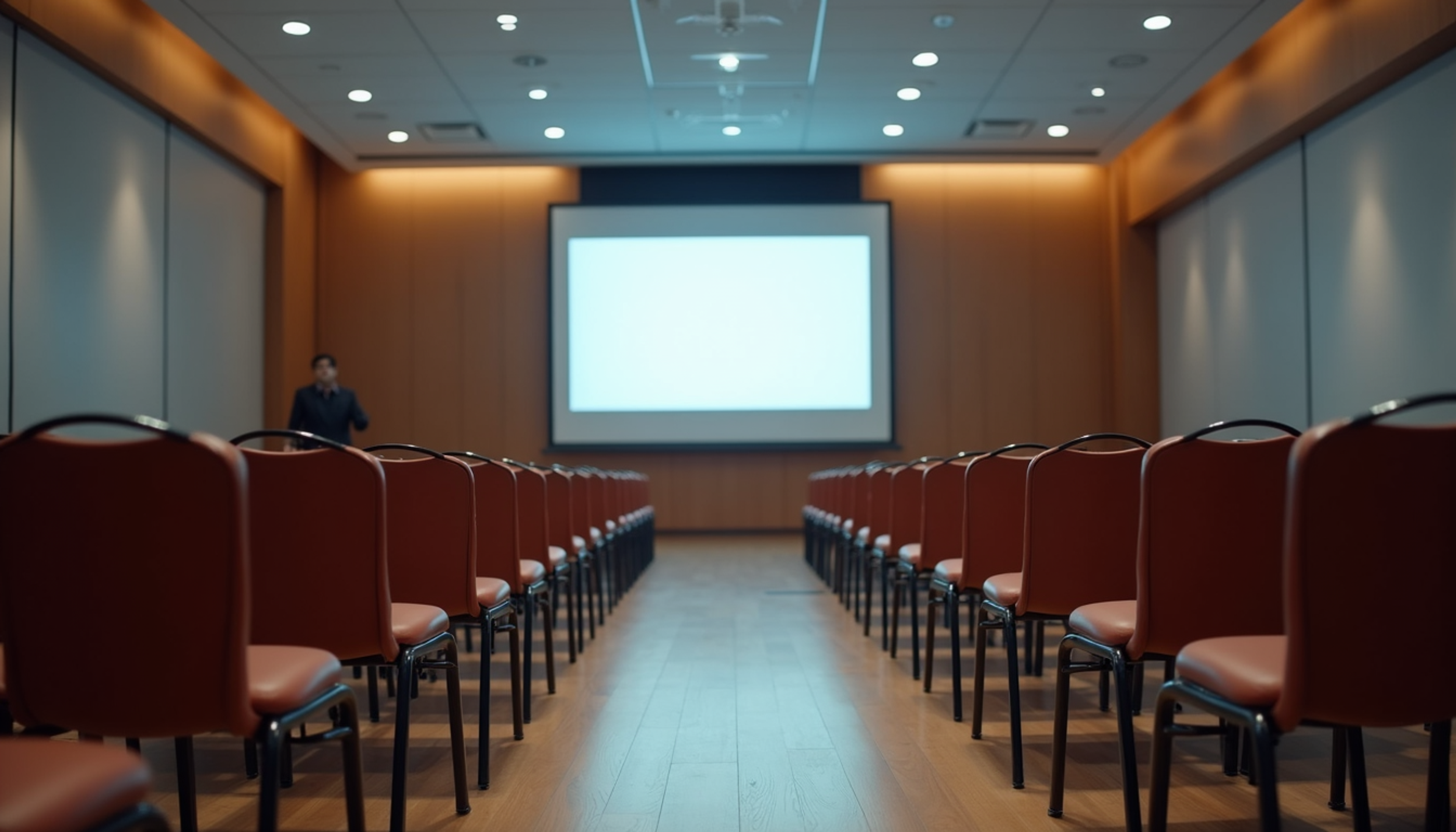 High angle view of a seminar room with rows of chairs and a presentation screen