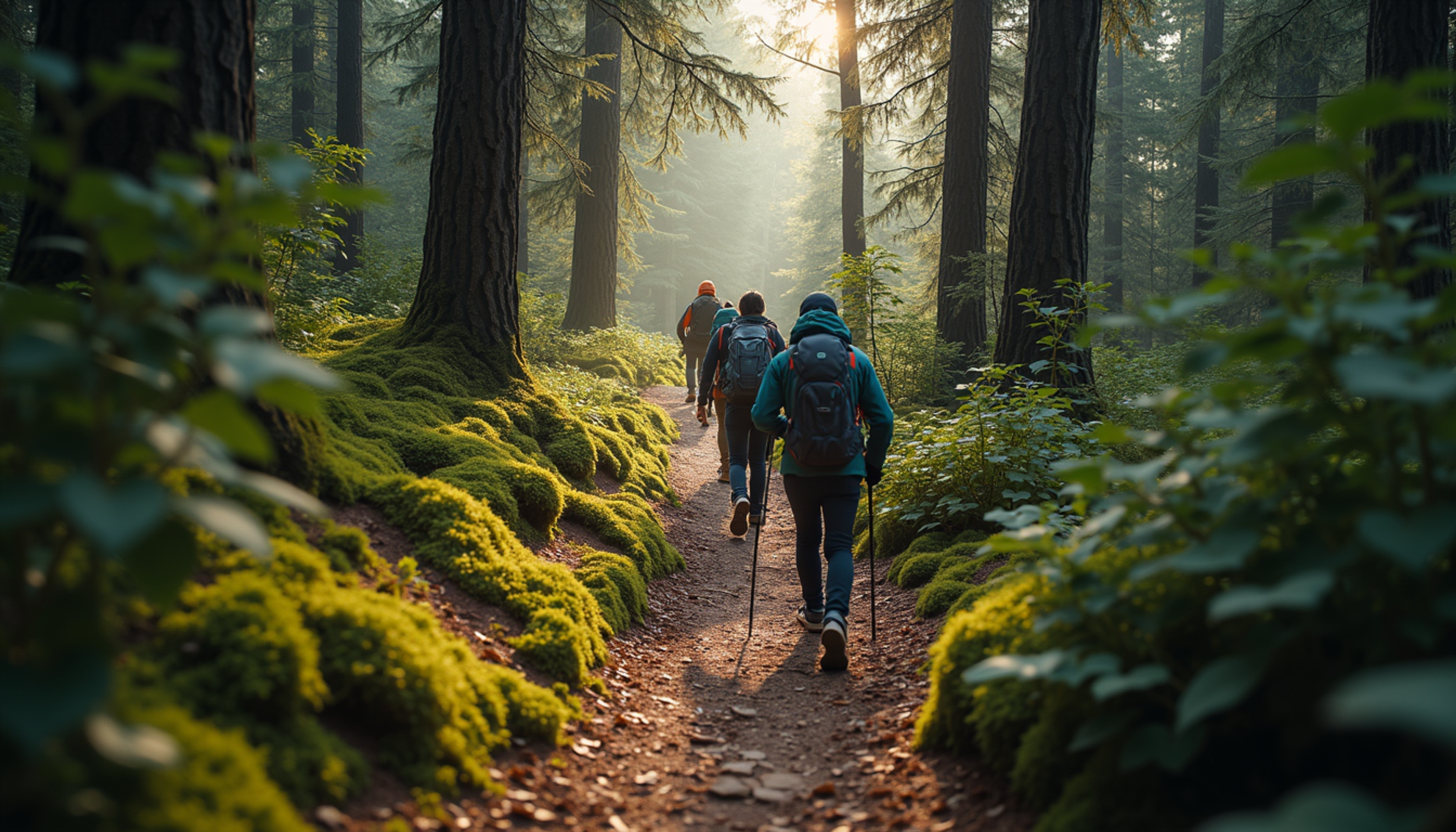 High angle view of a group hiking trail in a forest