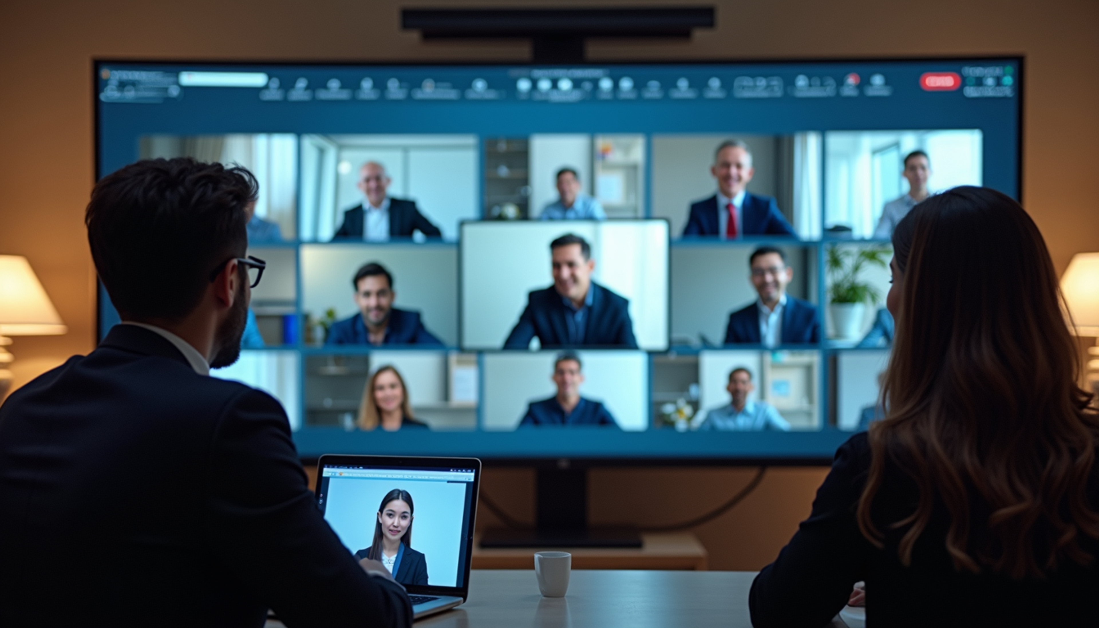 High angle view of a virtual conference displayed on a large monitor