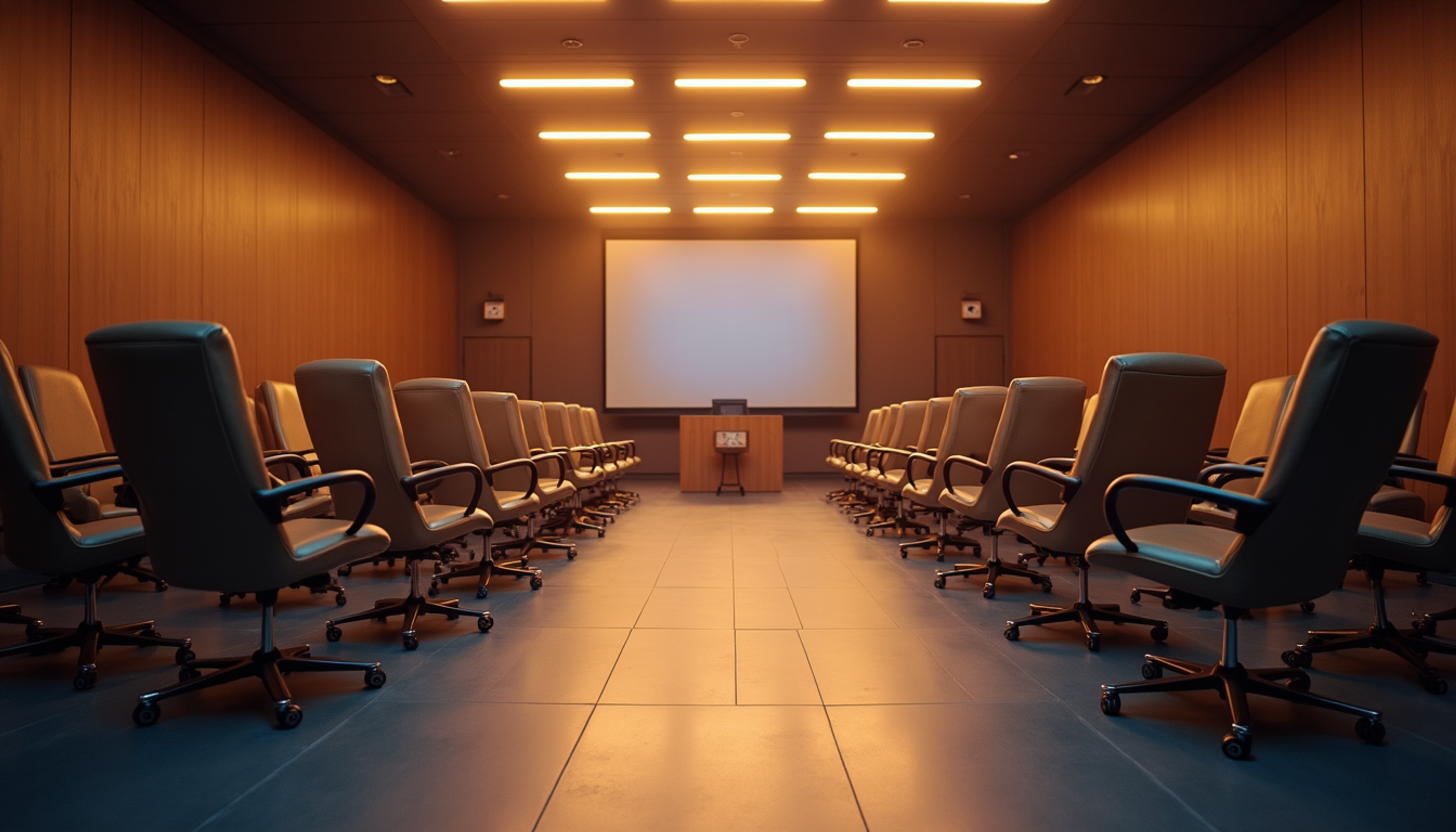 High angle view of a conference setup with modern lighting and seating
