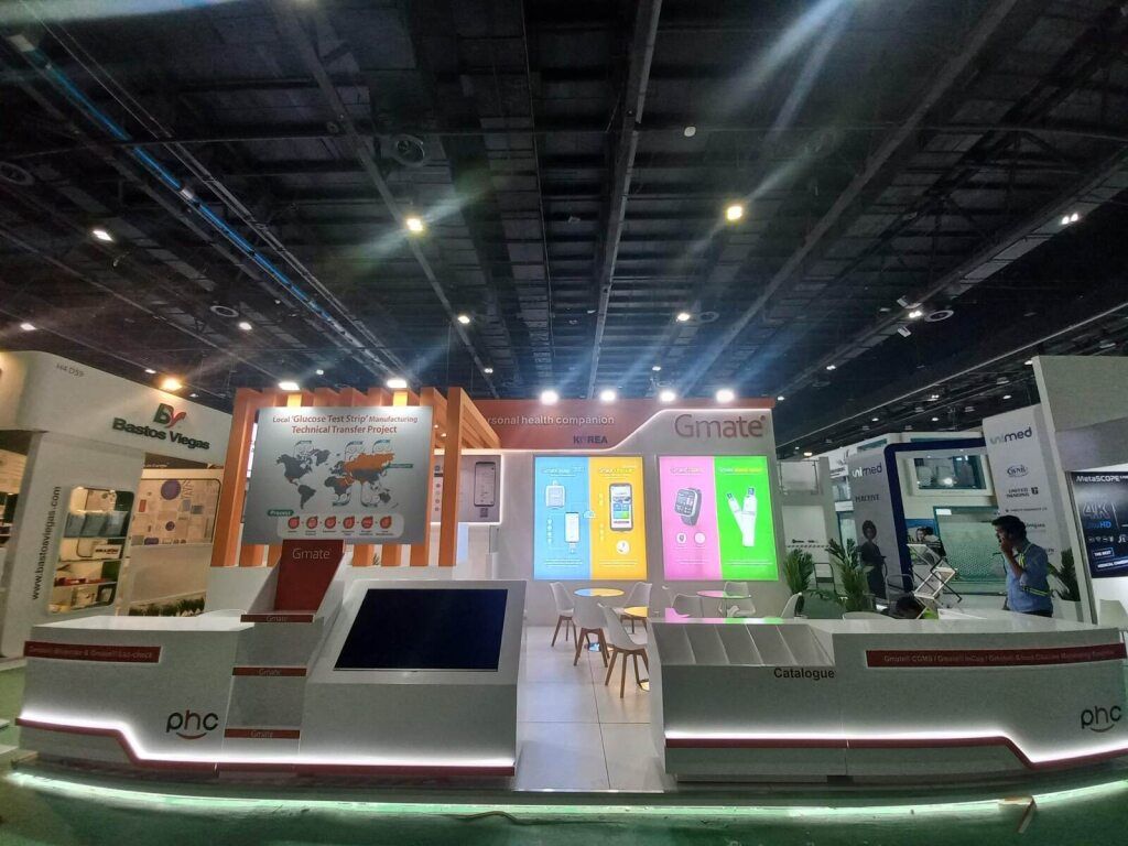 Colourful exhibition stand with product displays at a trade show