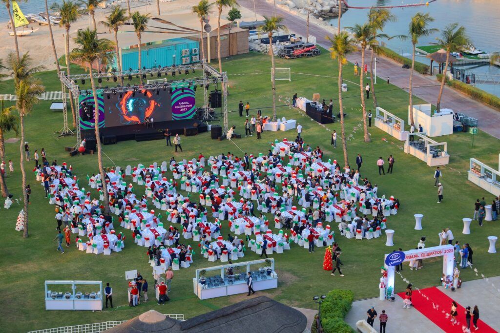 Large outdoor gathering on a lawn with an LED stage screen