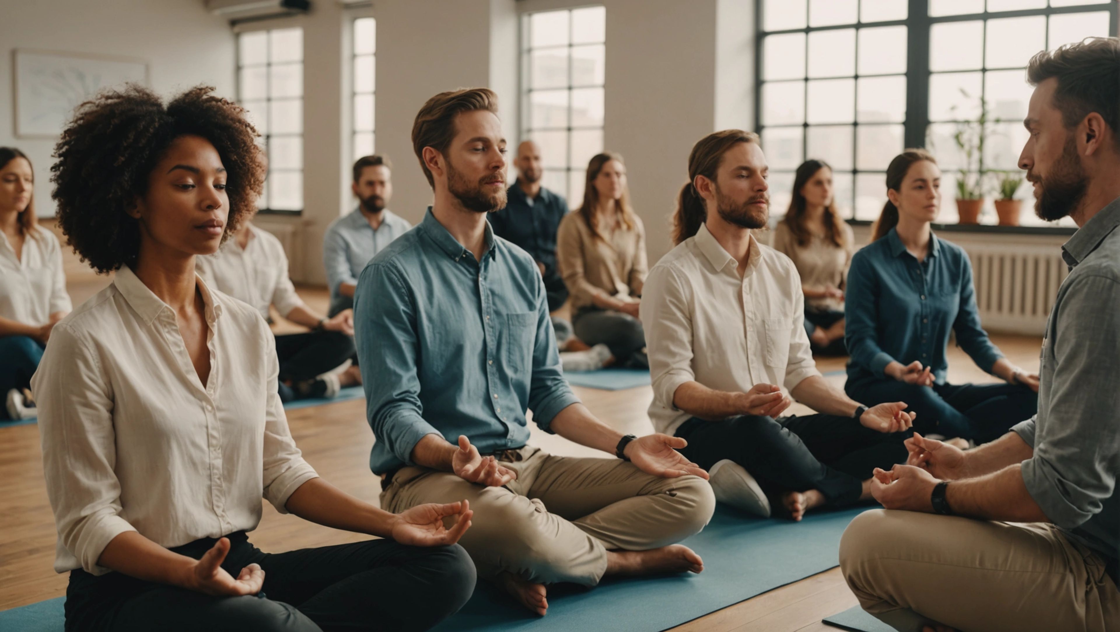 Group of employees participating in a mindfulness workshop