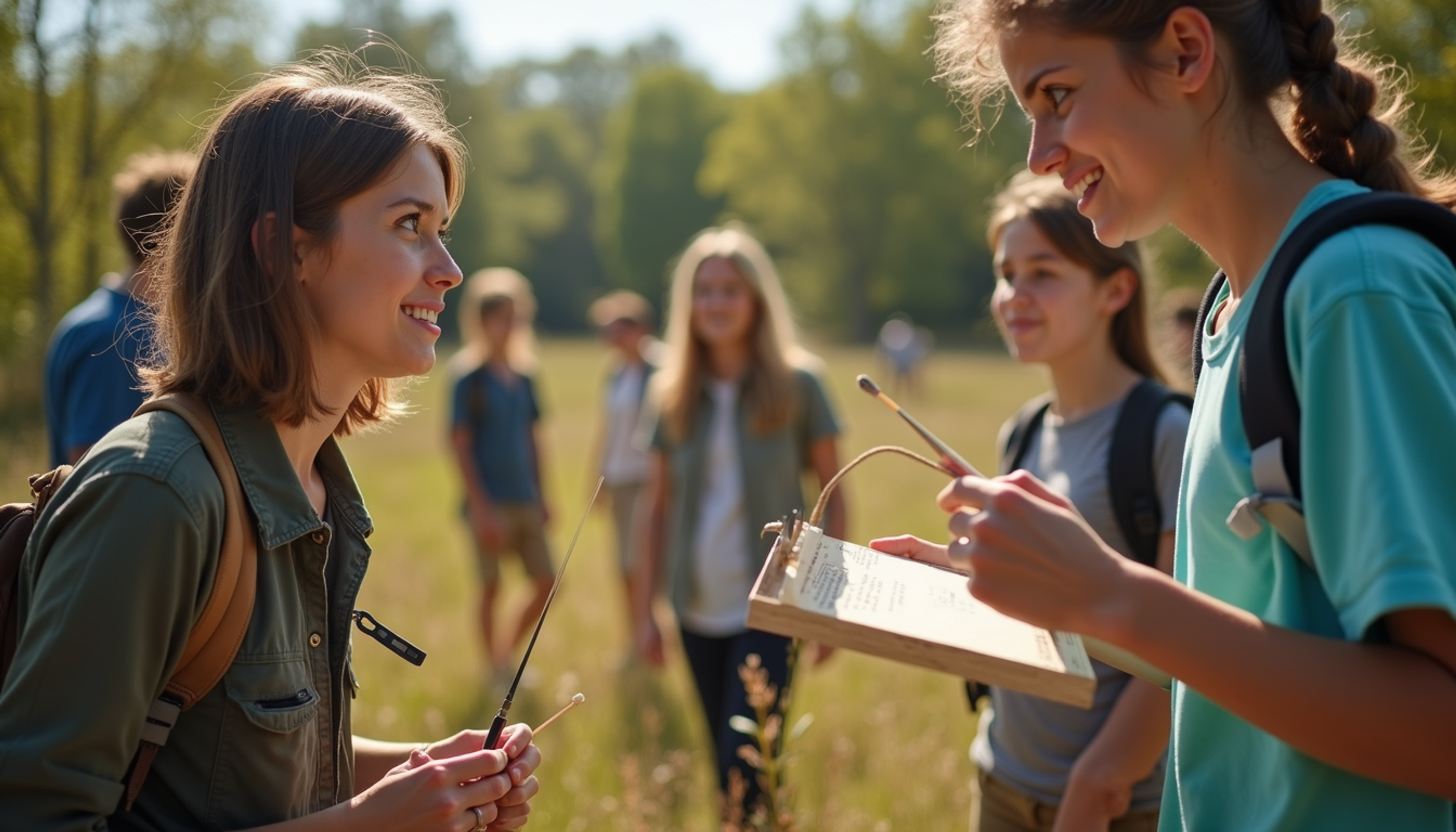 High angle view of a group participating in an outdoor team scavenger hunt