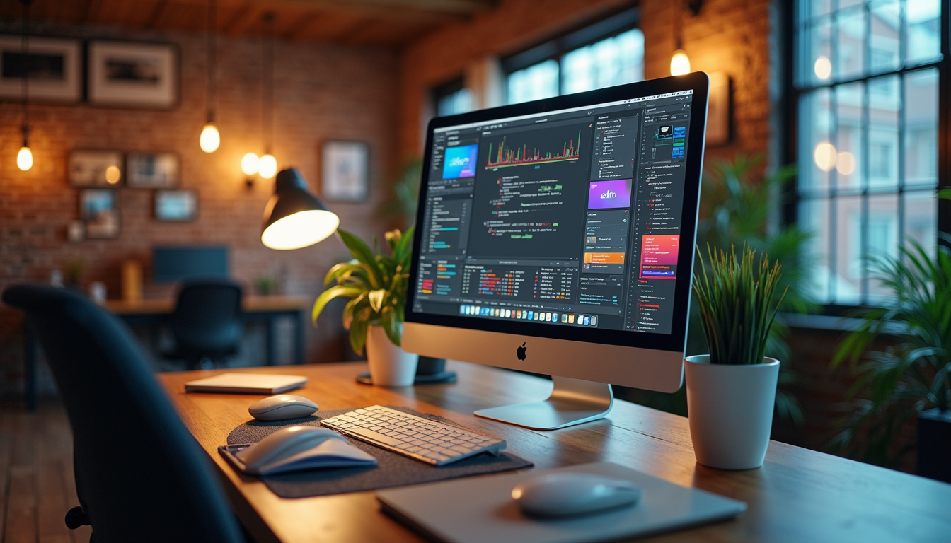 High angle view of a vibrant digital marketing workspace
