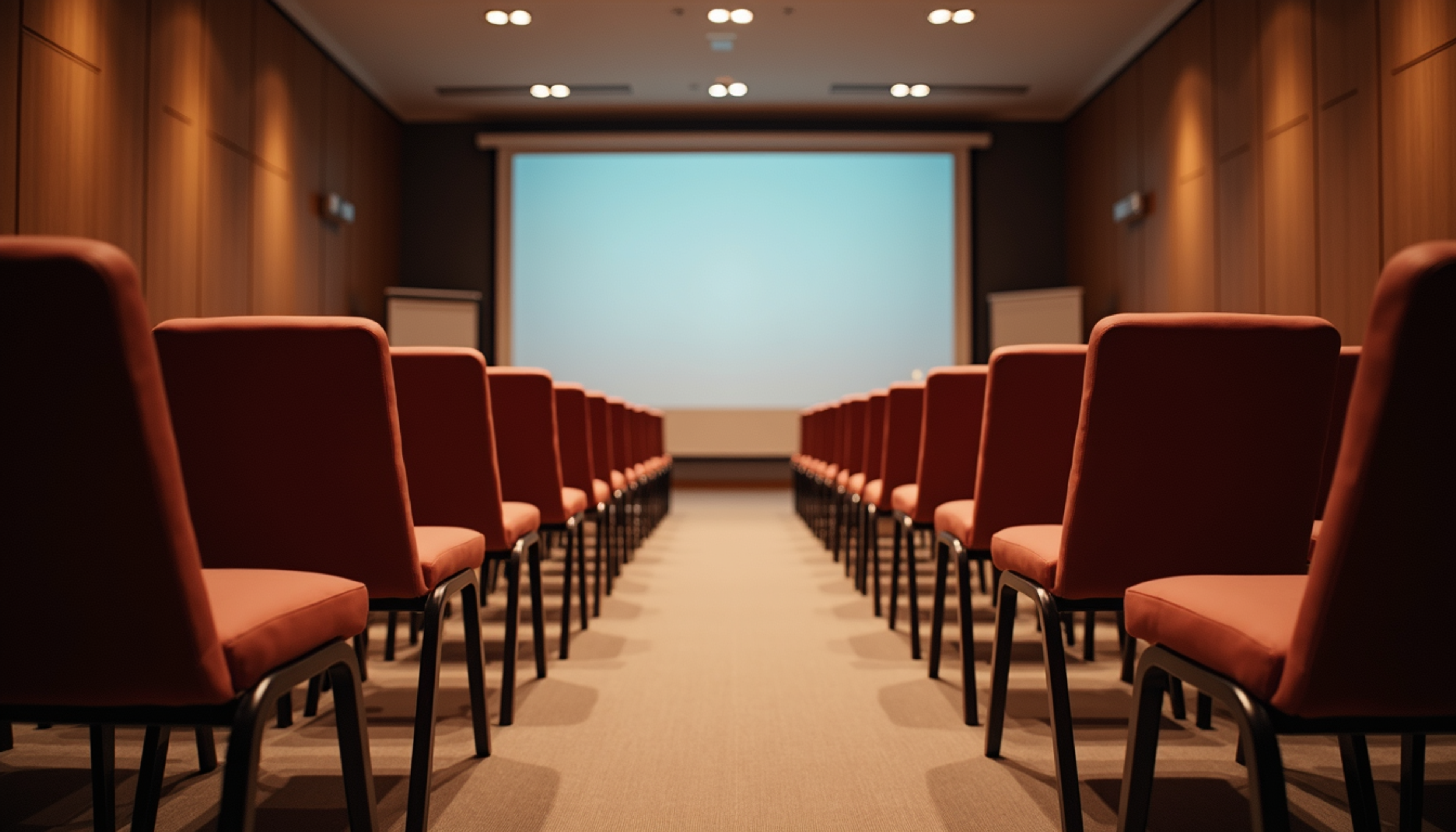 Eye-level view of a conference room setup with chairs and a stage