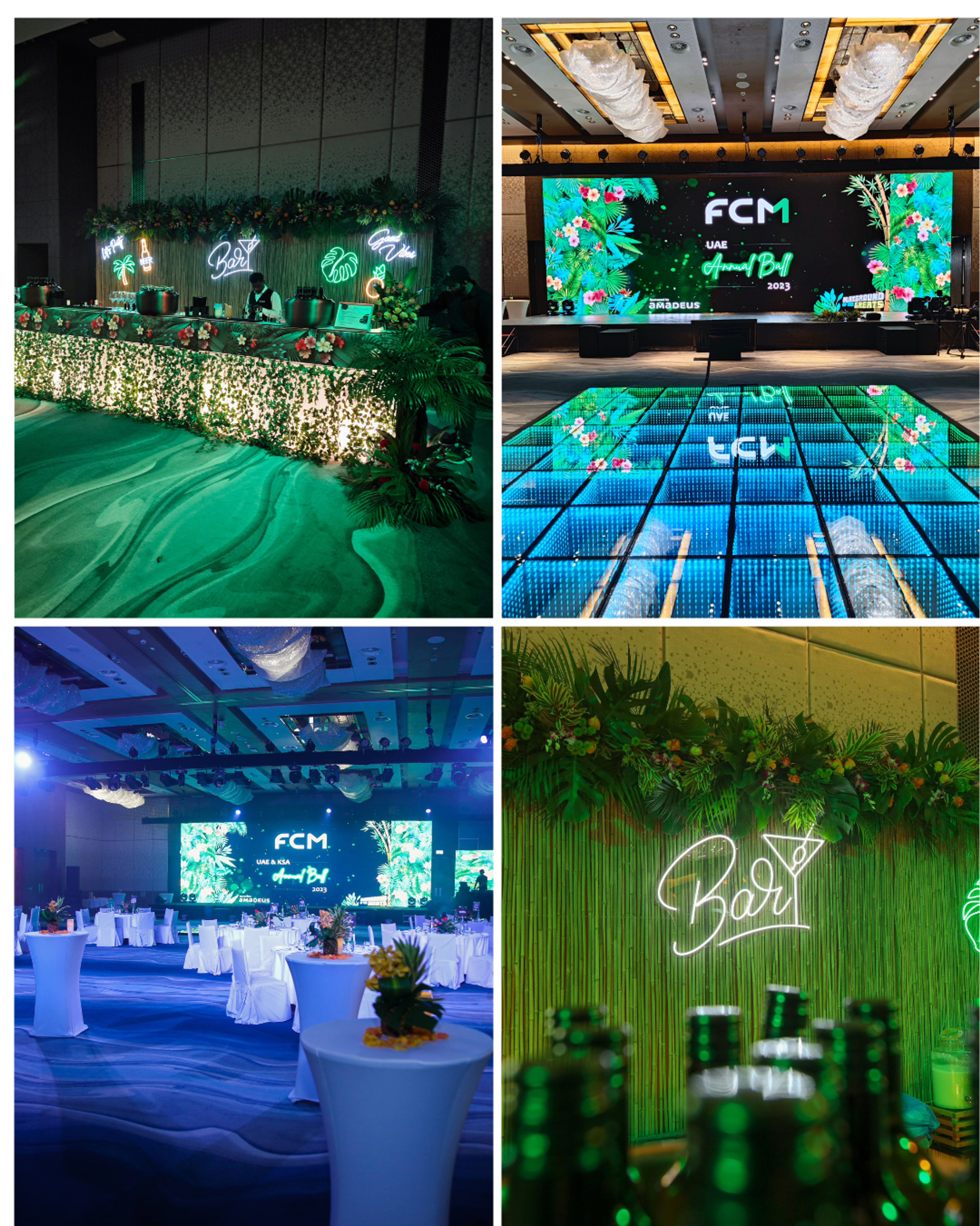 Collage of green-lit décor, LED dance floor and stage from a themed event