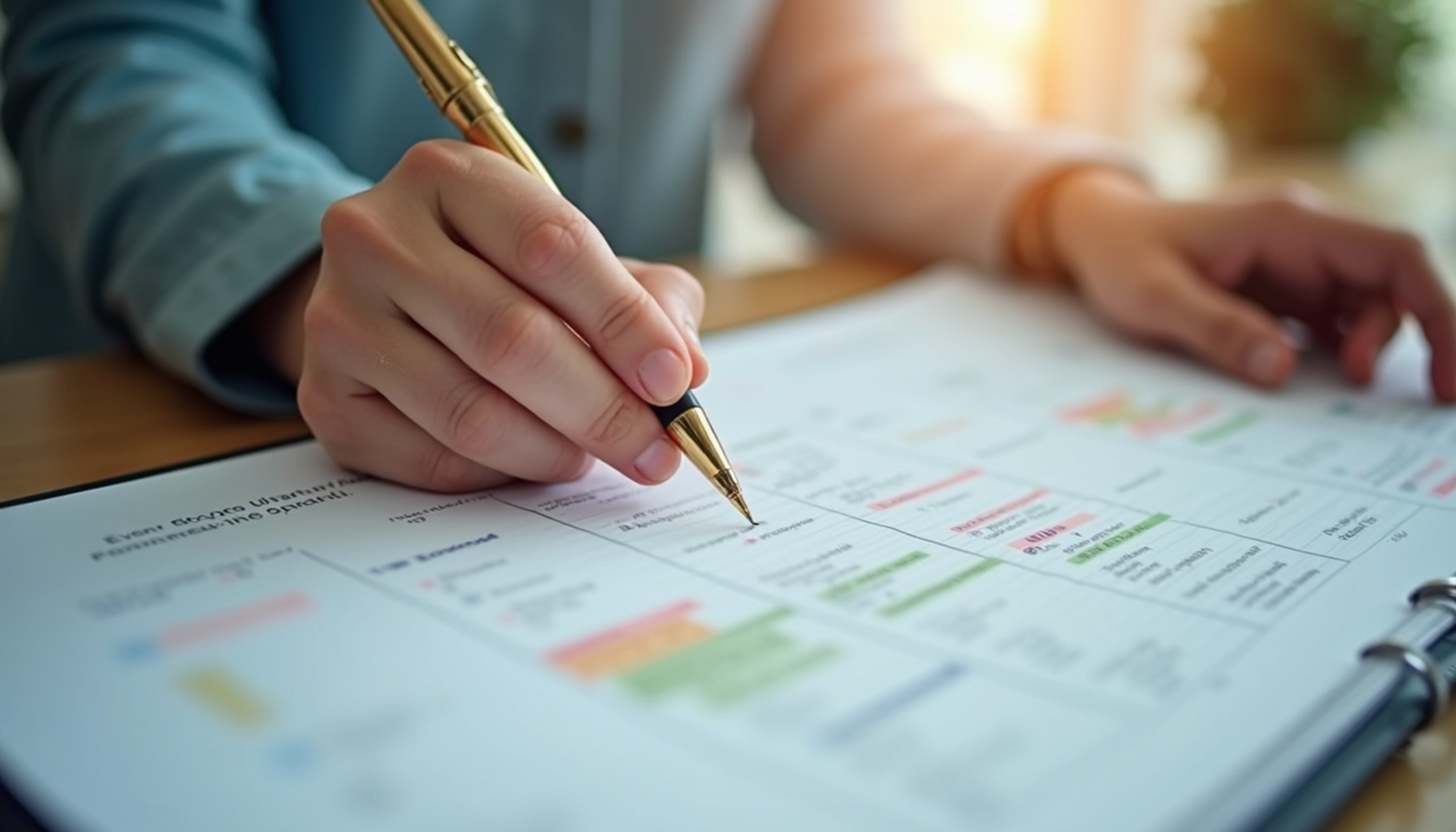 Close-up view of a planner’s hands arranging event details on a calendar