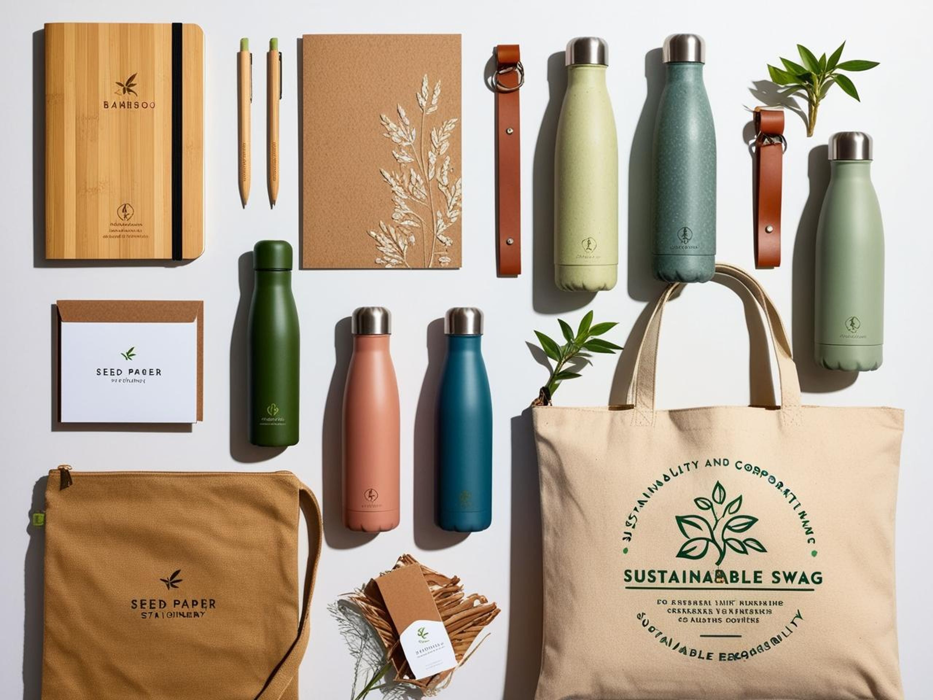 A display of eco-conscious swag items including bamboo notebooks, seed paper stationery, reusable water bottles, and tote bags, promoting sustainability at corporate events