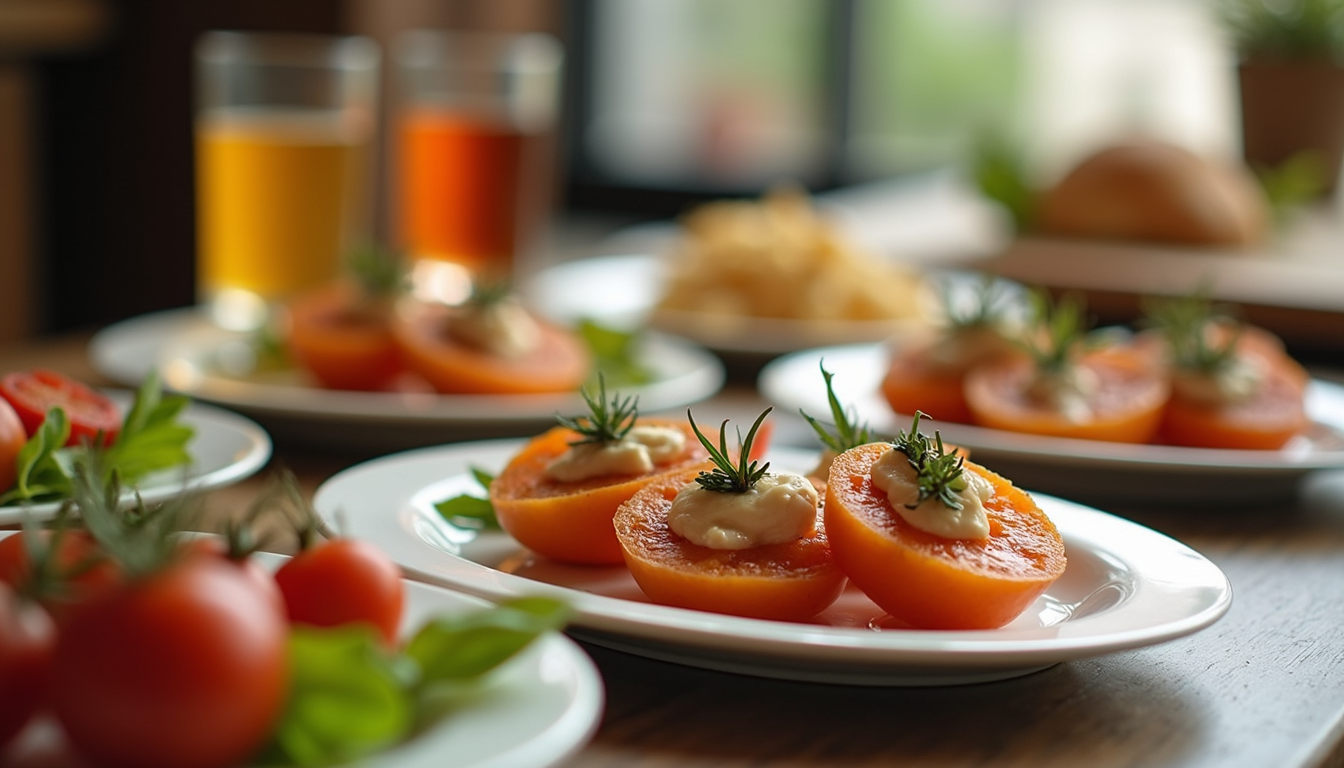 Close-up view of a catering table with assorted appetizers and drinks