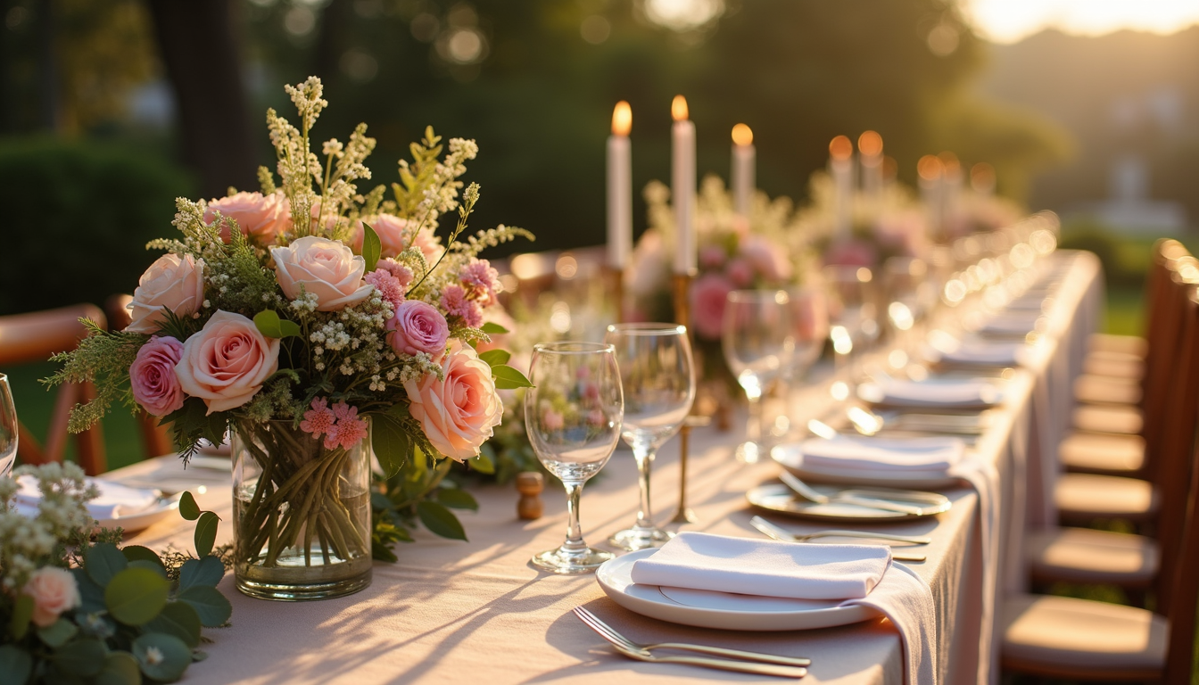 Close-up view of a beautifully arranged floral centerpiece at an event