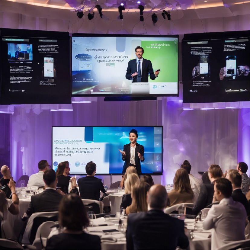 Engaging event scene with interactive presentations, real-time audience feedback, and live translation screens