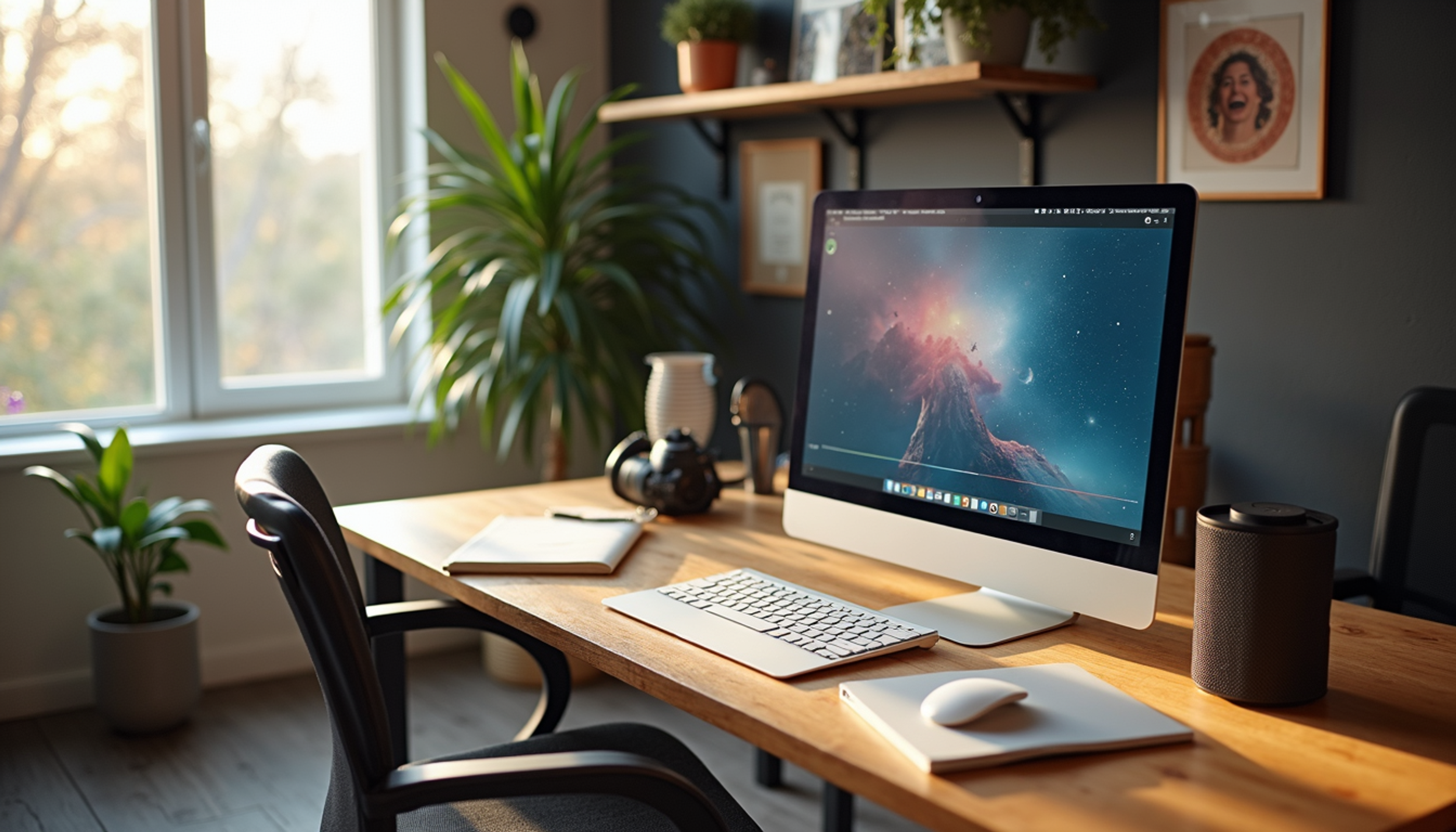 High angle view of a modern home office set up for hosting online events