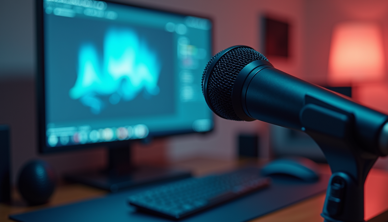 Close-up view of a microphone set up for an online presentation