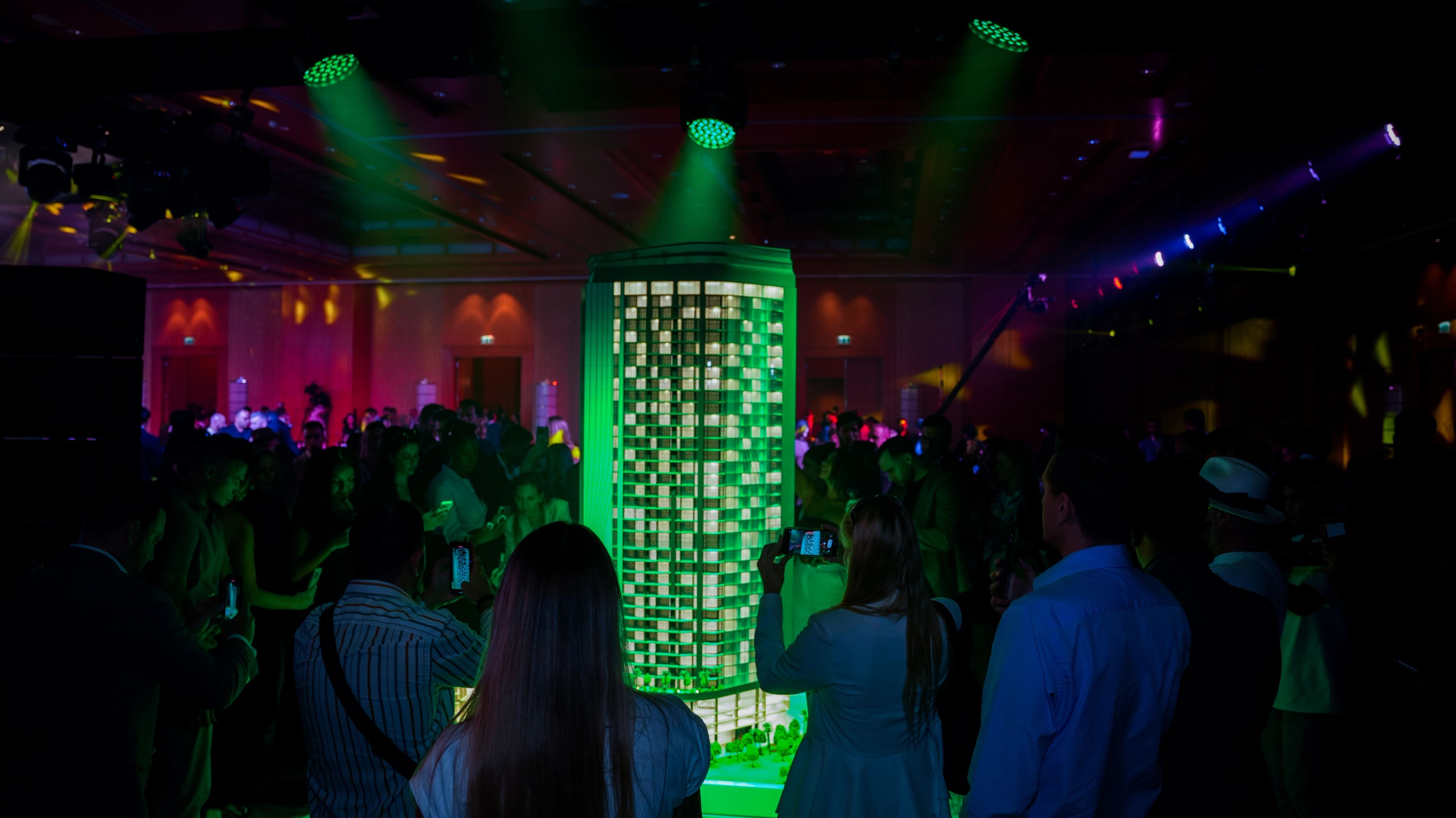 Stage, LED screens and lighting at the Franck Muller Vanguard launch for London Gate, The Ritz-Carlton DIFC