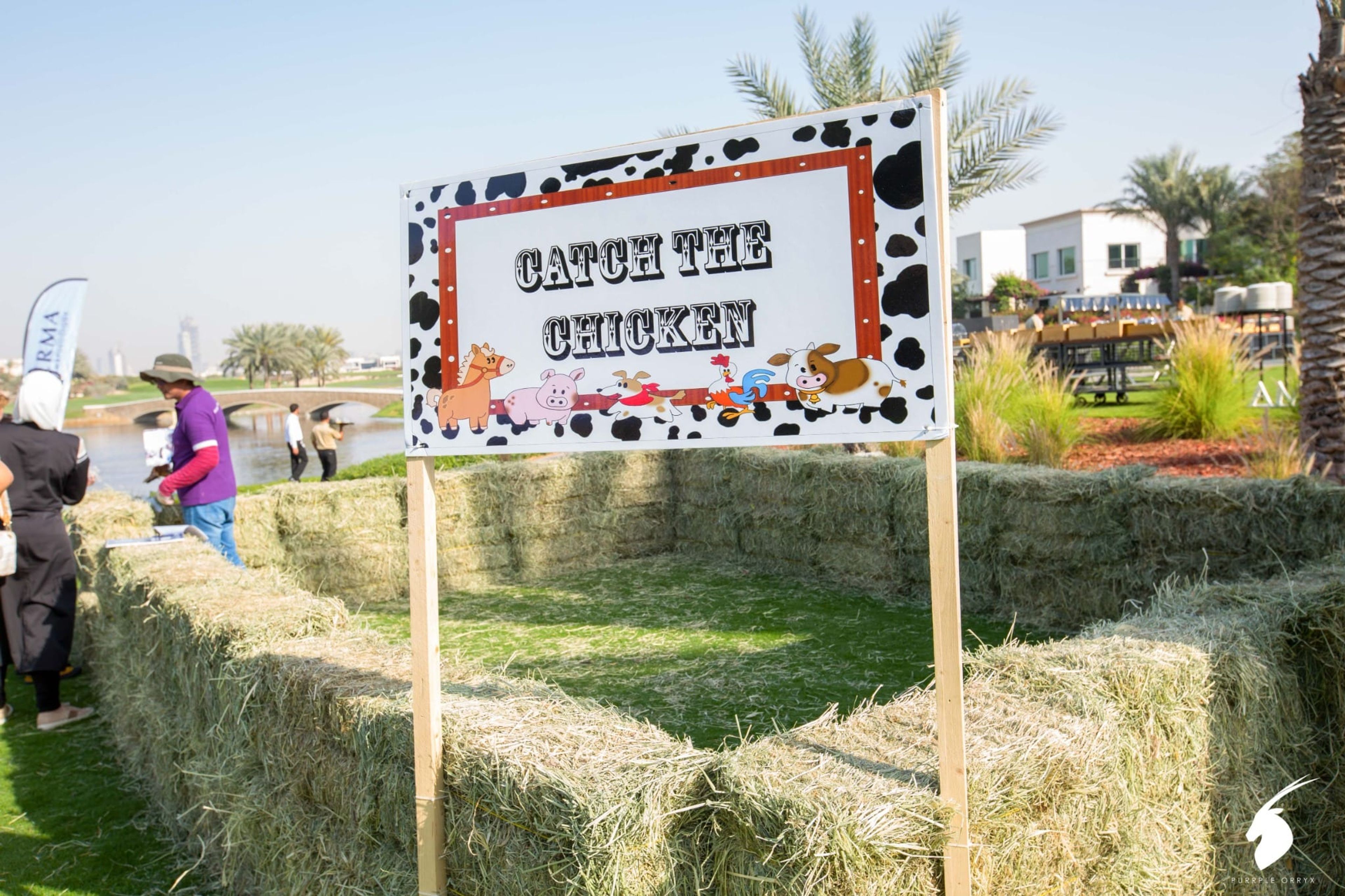Catch the Chicken hay bale pen at the Bioderma family day