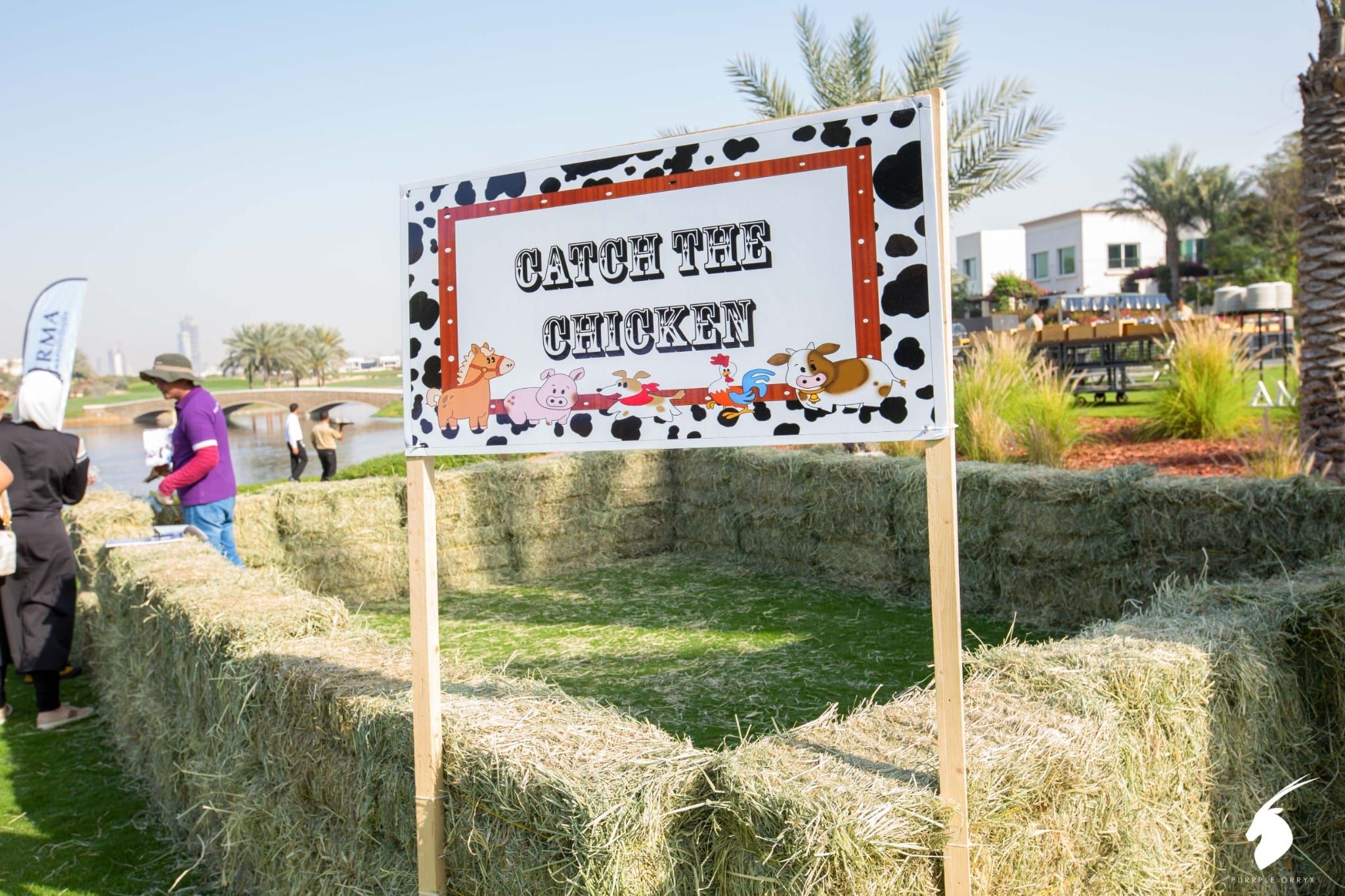 Catch the Chicken hay bale pen at the Bioderma family day