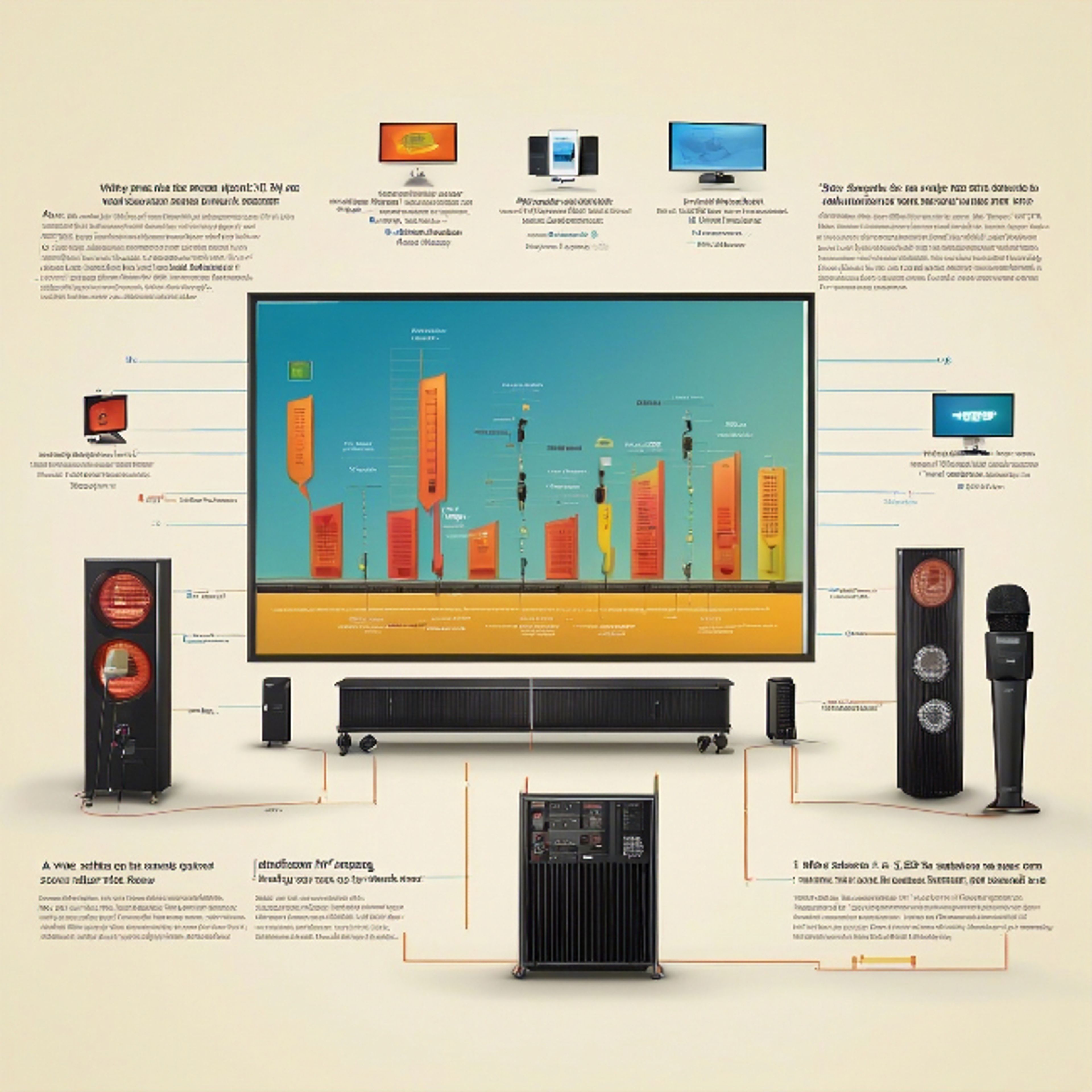 Timeline showing the evolution of AV technology from vintage equipment to modern tools on a large LED screen in an event setting