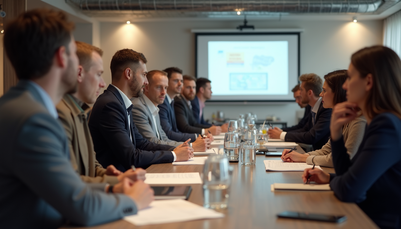 Eye-level view of a bustling event planning meeting