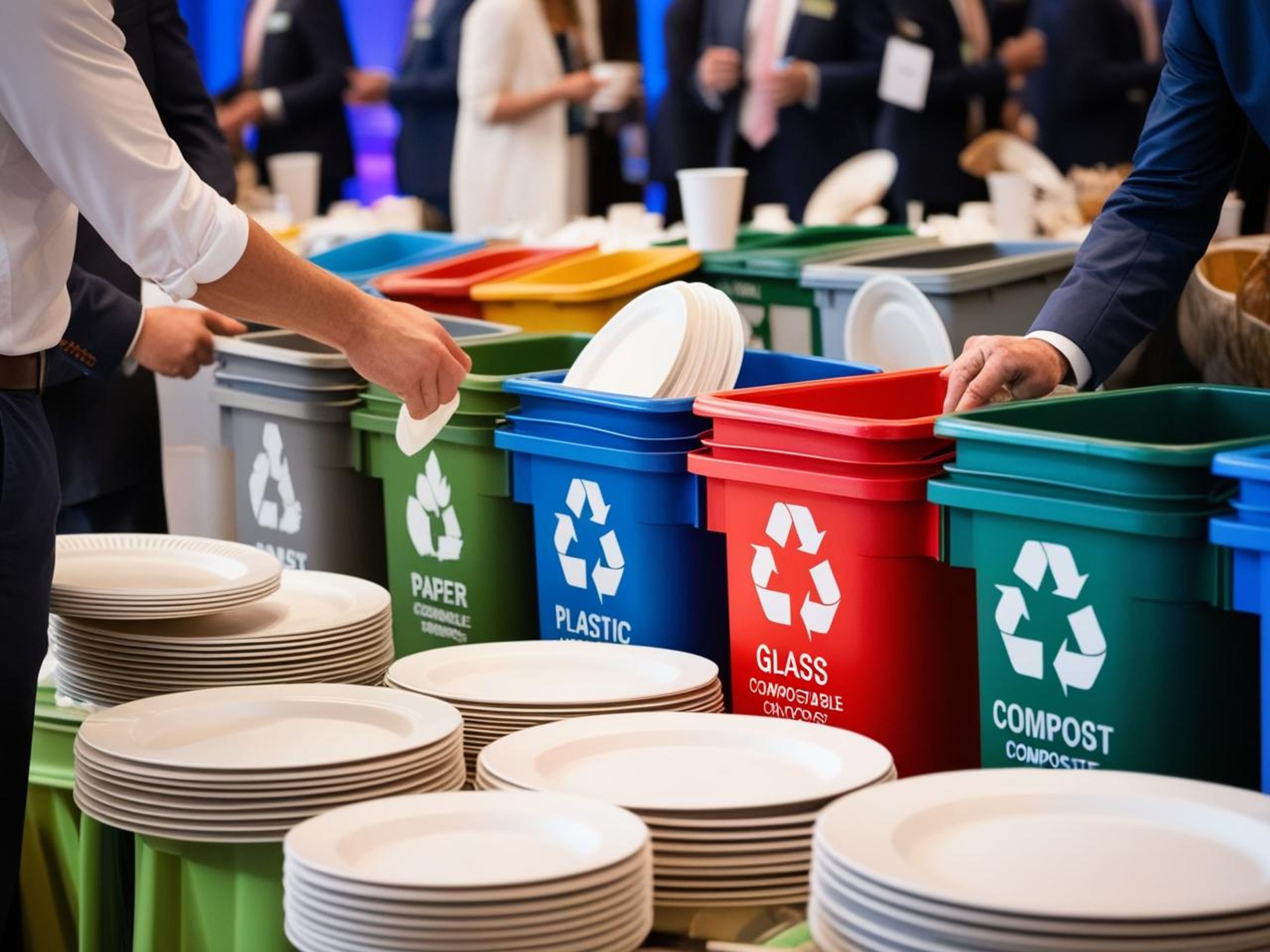Zero-waste catering setup featuring reusable utensils, locally sourced ingredients, and compostable packaging at a sustainable corporate event