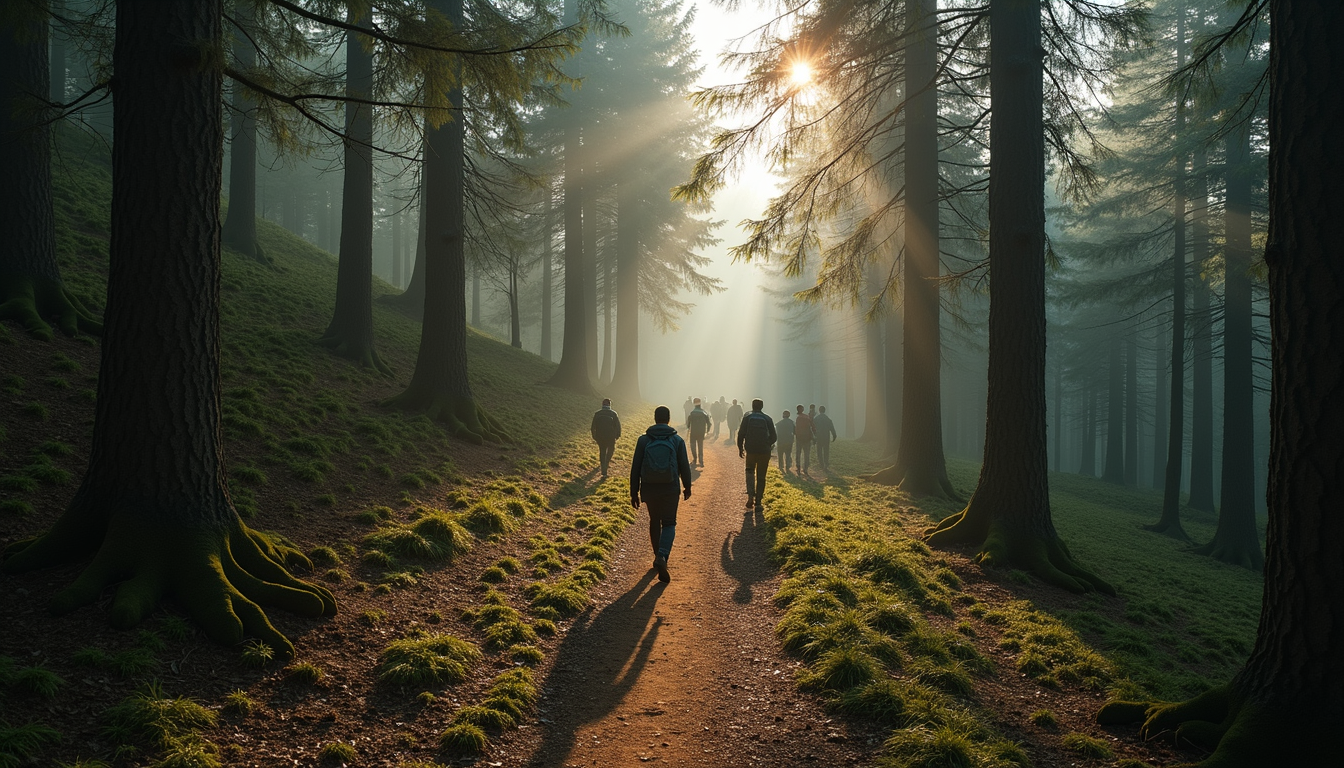 High angle view of a group hiking trail in a forest