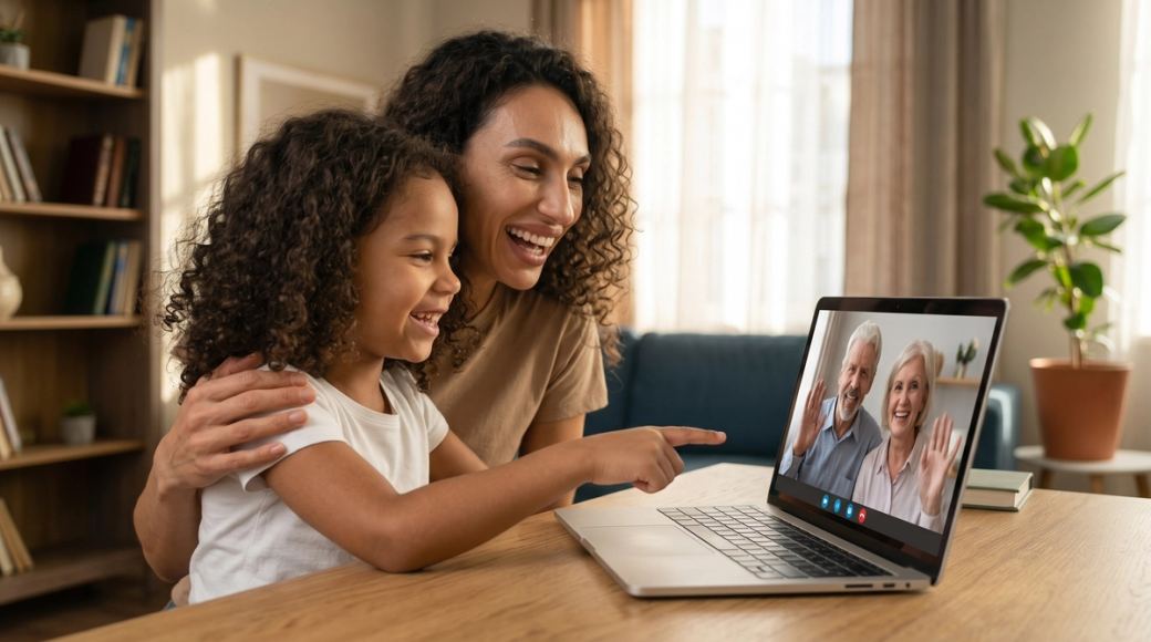 Woman and daughter having a joyful video call with grandparents on a laptop