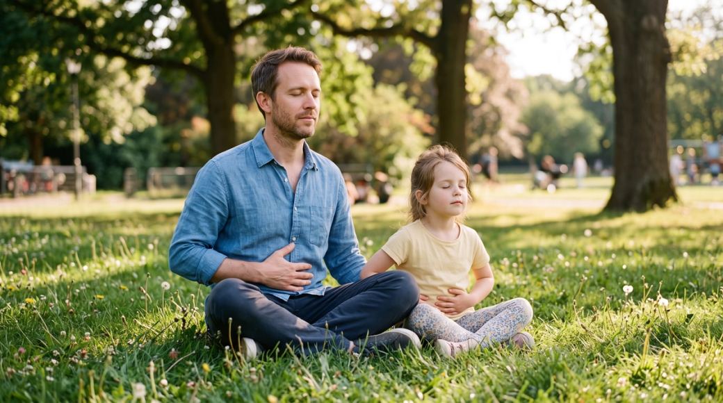 Calm brain breaks work through co-regulation — a parent slowing their own breath alongside their child