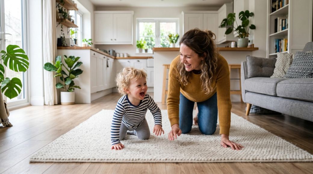 Um pai e seu filho pequeno estão se arrastando de lado sobre um tapete macio em uma elegante sala de estar, ambos com largos sorrisos e risadas