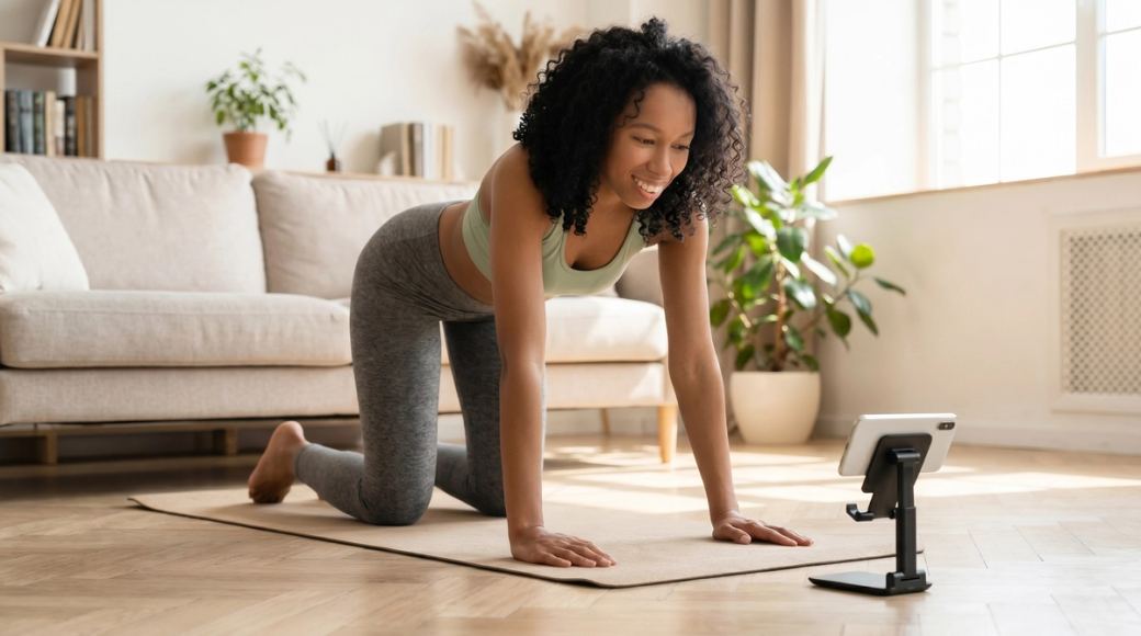 Femme pratiquant une routine Leaply à la maison à l'aide de l'application Leaply