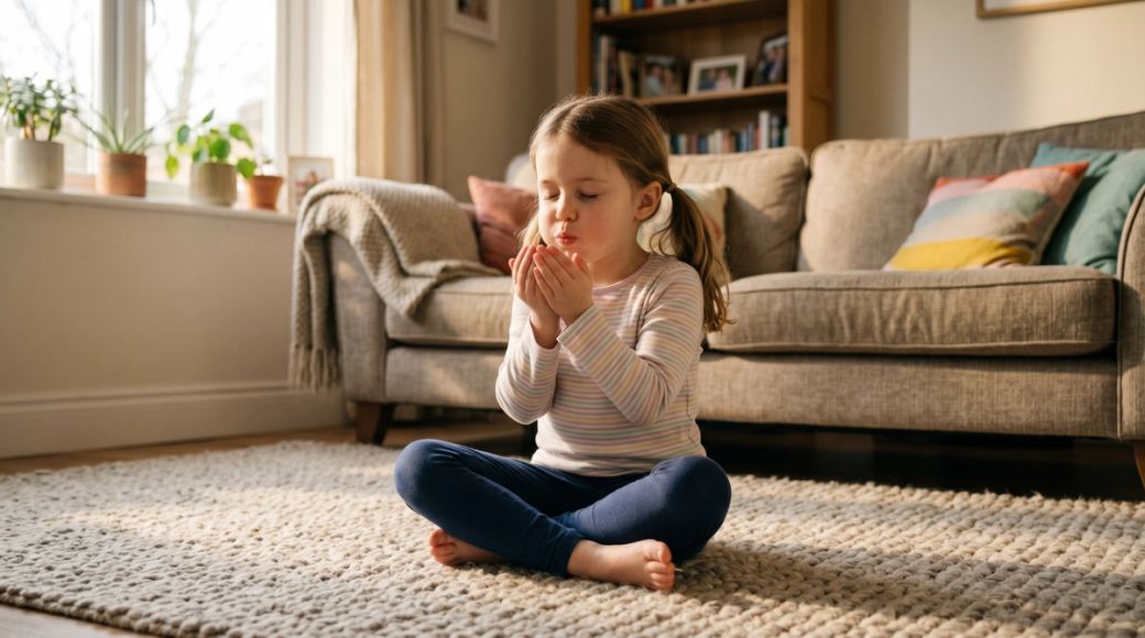 Ein 6-jähriges Mädchen sitzt im Schneidersitz auf einem weichen Teppich in einem gemütlichen, sonnendurchfluteten Wohnzimmer.