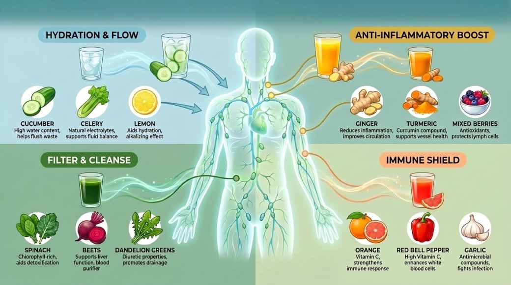 Infográfico sobre os melhores alimentos para drenagem linfática