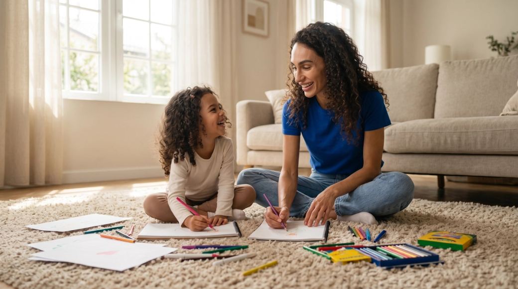 Woman and daughter drawing together, doing a brain activation exercise