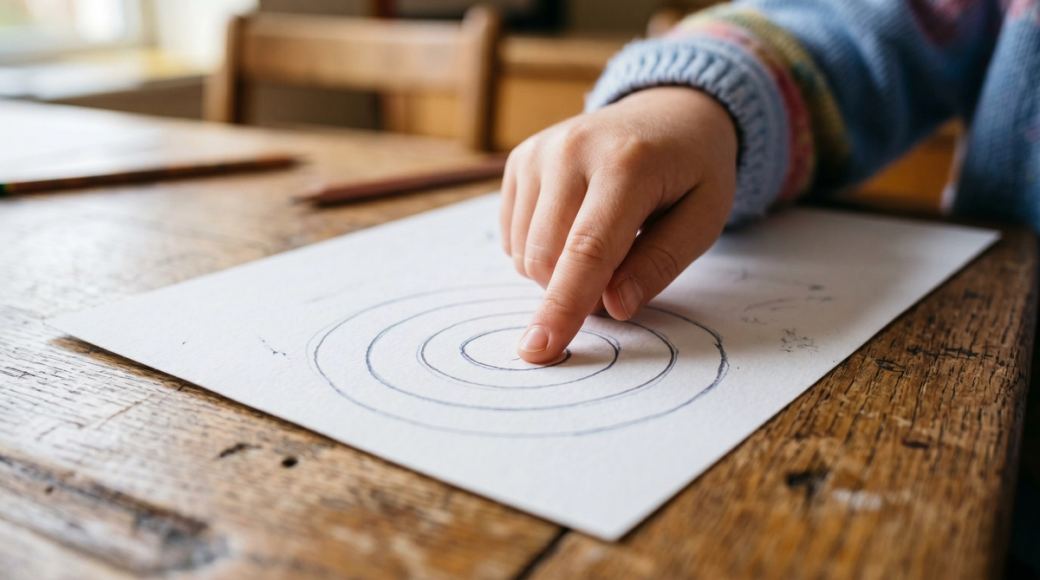Nahaufnahme einer Kinderhand auf einem Holztisch, die mit dem rechten Zeigefinger ein einfaches, kontinuierliches, wirbelndes Muster auf einem weißen Blatt Papier nachzeichnet.