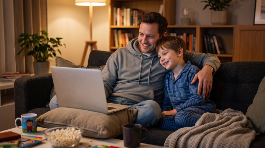Son and father watching a movie together on a laptop