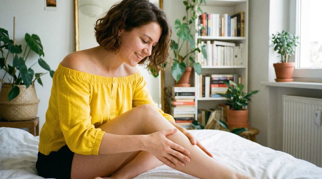 Woman doing gentle self-massage on her leg at home
