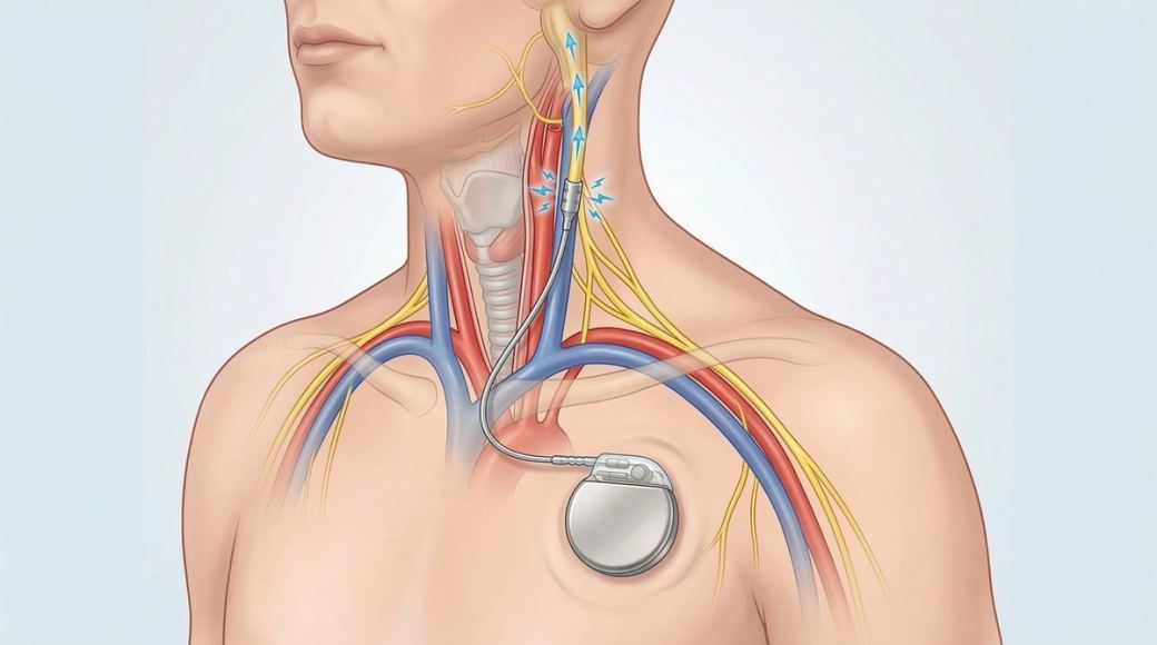 Um dispositivo VNS elétrico implantado conectado ao nervo no pescoço.