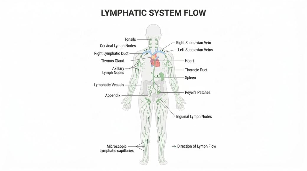 Schéma du réseau lymphatique - le réseau de drainage et de nettoyage de l'organisme.