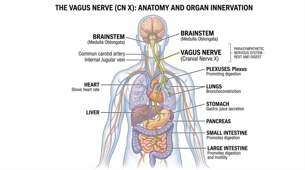 Diagrama ilustrando o nervo vago, o décimo nervo craniano, sua conexão do tronco cerebral com os principais órgãos.