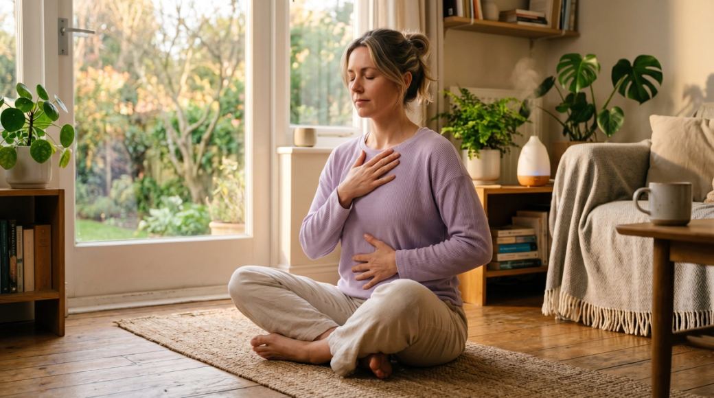 Comment réinitialiser votre système lymphatique naturellement - femme commençant une pratique quotidienne de respiration à la maison.