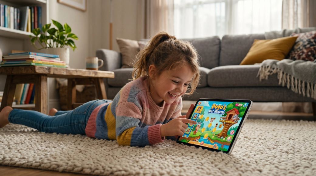 6 years old kid holding an iPad, tapping on the screen while playing a game