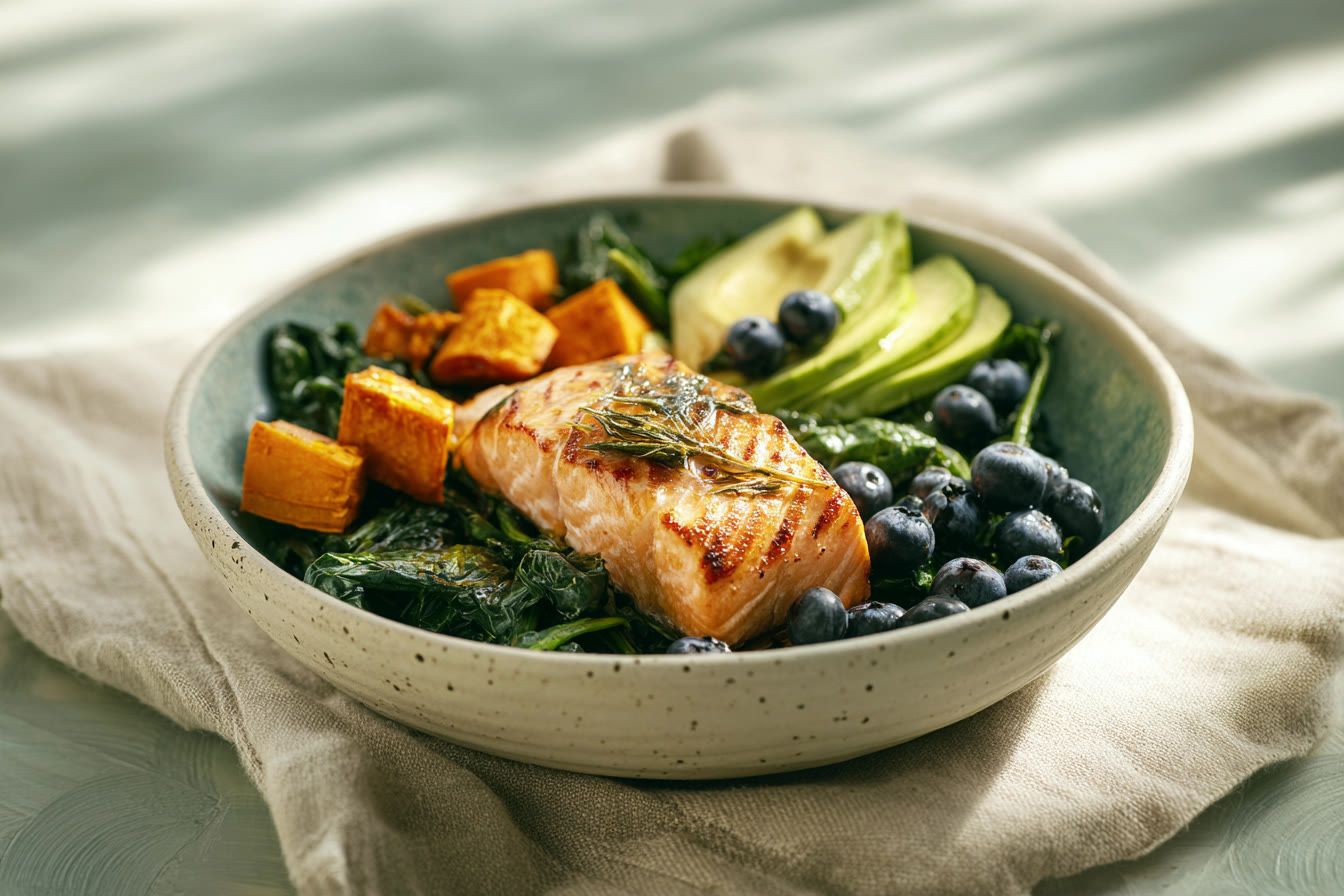 An anti-inflammatory bowl of grilled salmon, greens, sweet potato, avocado and blueberries