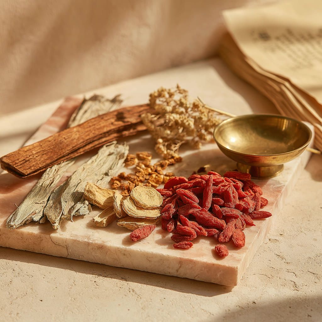 Dried Chinese medicinal herbs and goji berries on pale stone with a brass scale