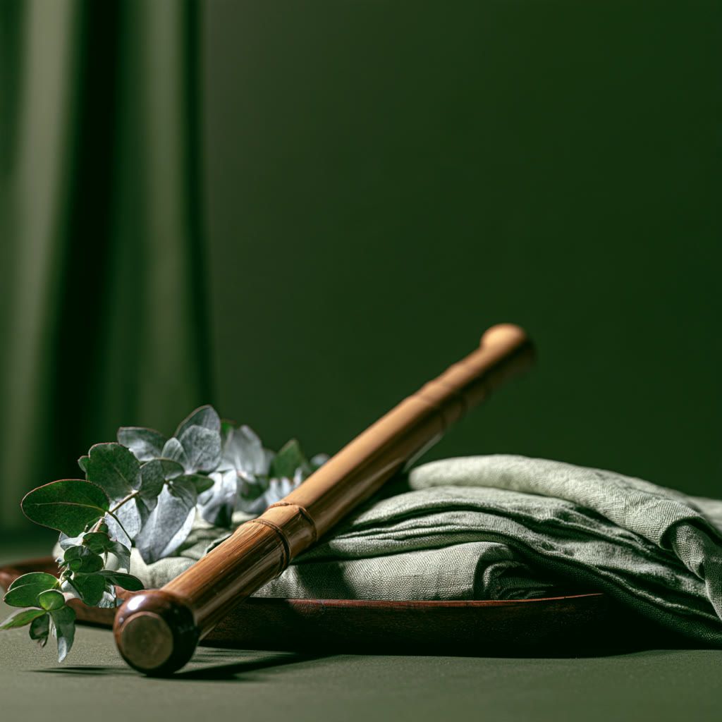 A polished bamboo Dragon Stick resting on folded sage linen with eucalyptus