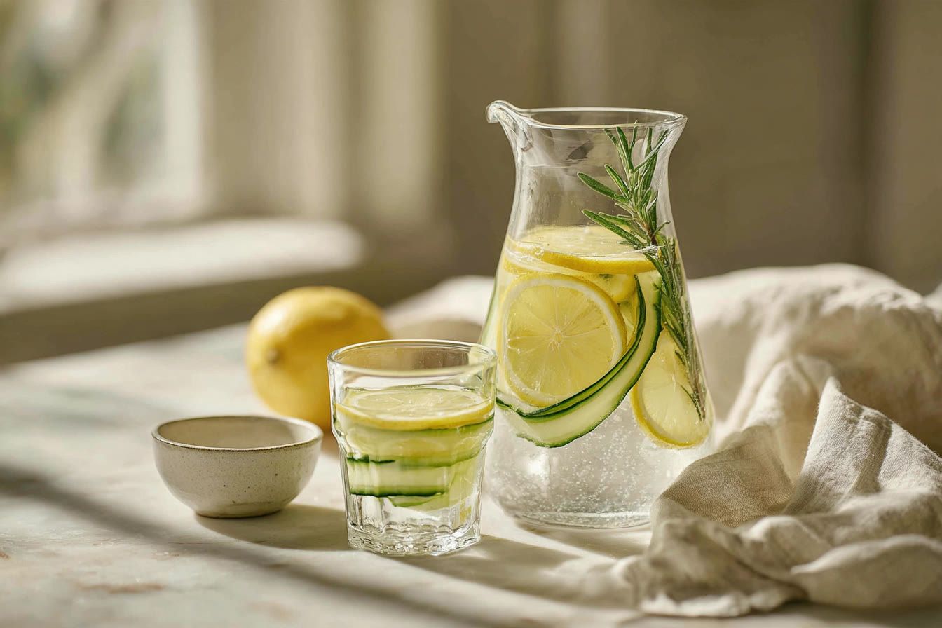 A glass carafe of lemon, cucumber and rosemary water in morning light