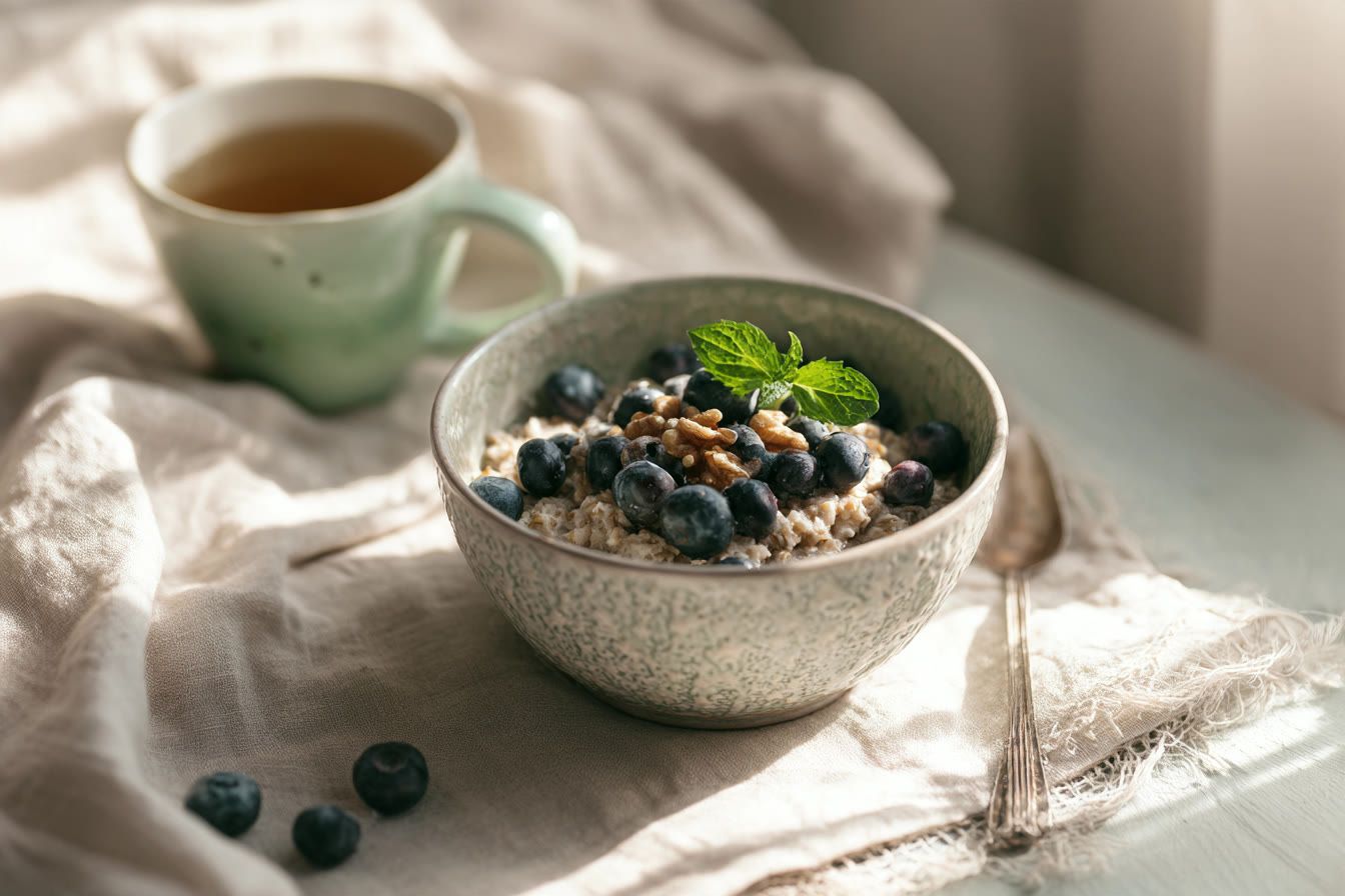 A bowl of oats with blueberries and walnuts beside a cup of green tea